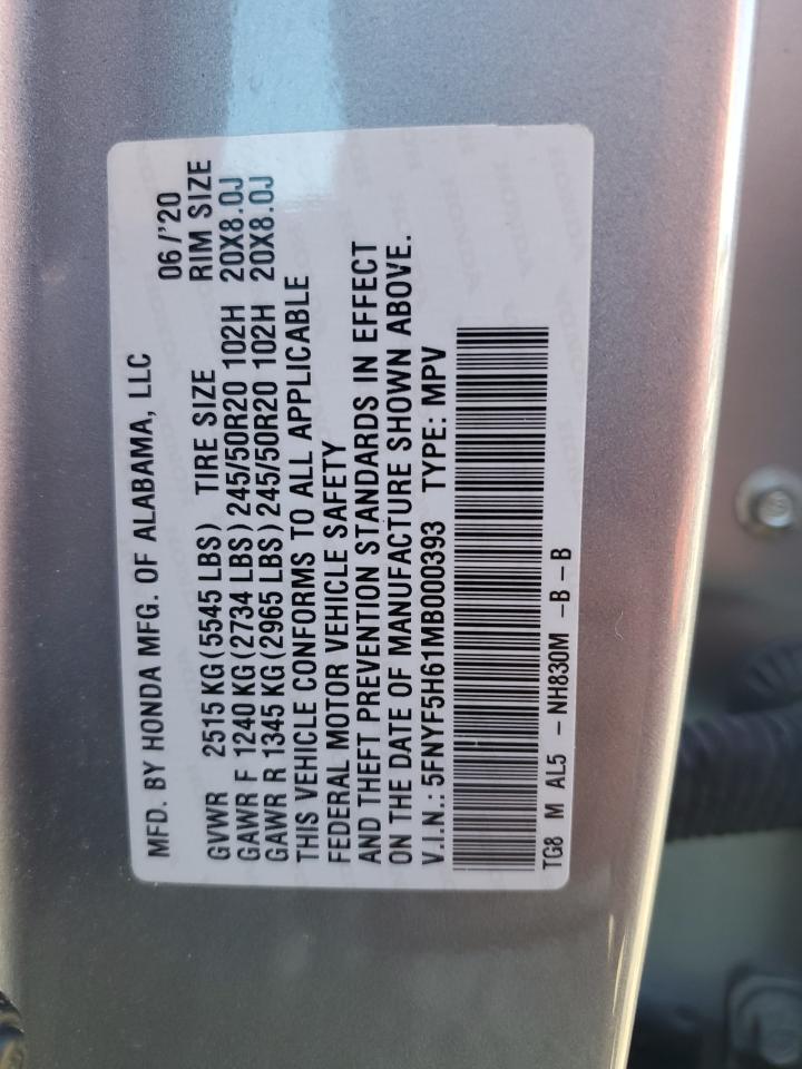 2021 Honda Pilot Touring VIN: 5FNYF5H61MB000393 Lot: 91919945