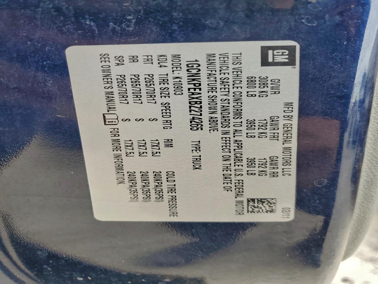 2011 Chevrolet Silverado K1500 VIN: 1GCNKPEAXBZ274265 Lot: 94251465