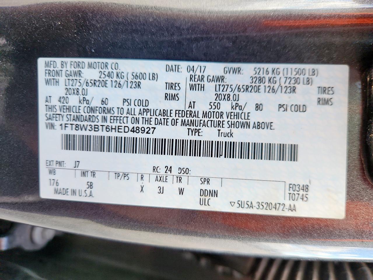 2017 Ford F350 Super Duty VIN: 1FT8W3BT6HED48927 Lot: 87033225