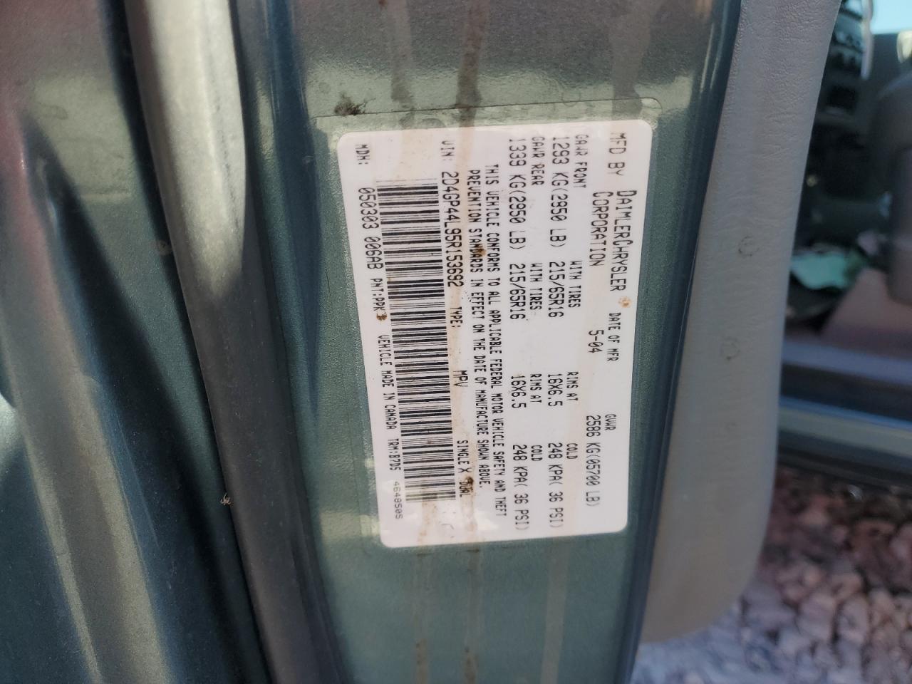 2005 Dodge Grand Caravan Sxt VIN: 2D4GP44L95R153692 Lot: 92163665