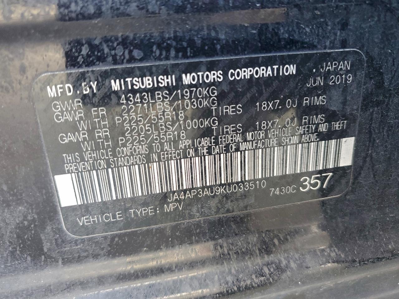 2019 Mitsubishi Outlander Sport Es VIN: JA4AP3AU9KU033510 Lot: 94104175