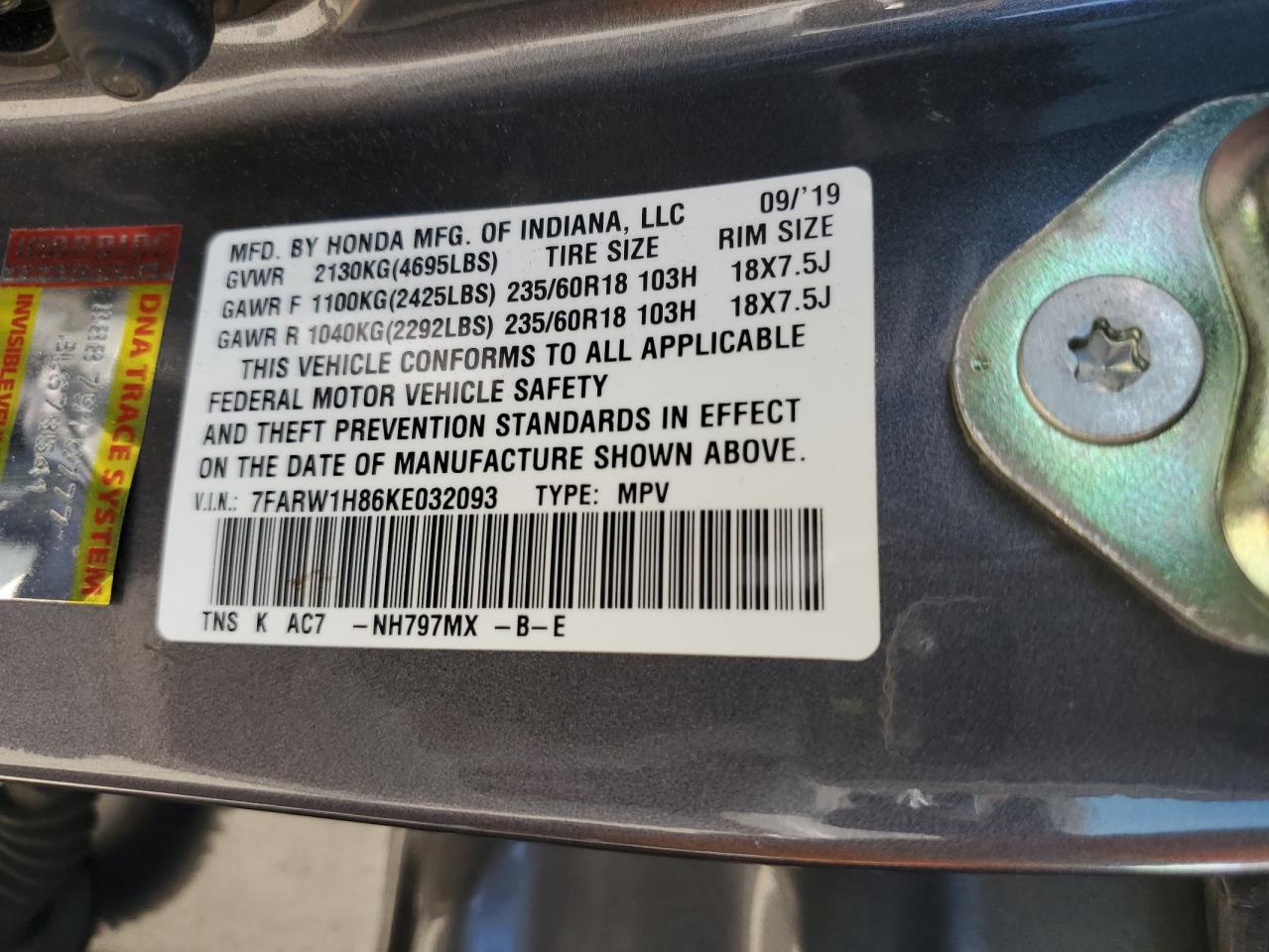 2019 Honda Cr-V Exl VIN: 7FARW1H86KE032093 Lot: 91436095