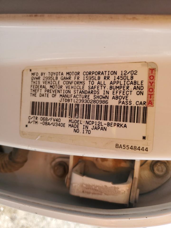 2003 Toyota Echo VIN: JTDBT123930280986 Lot: 92292545