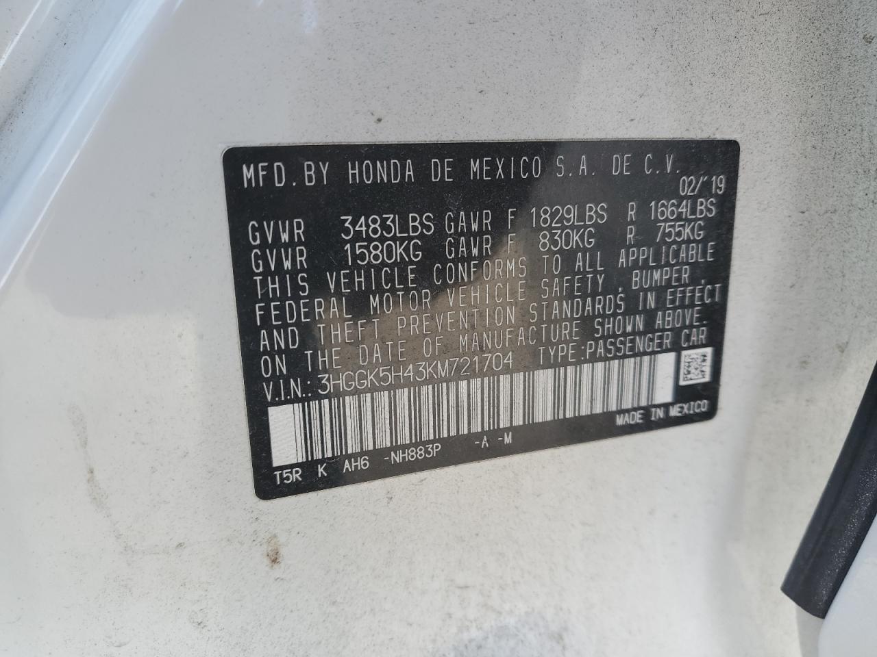 2019 Honda Fit Lx VIN: 3HGGK5H43KM721704 Lot: 92885545