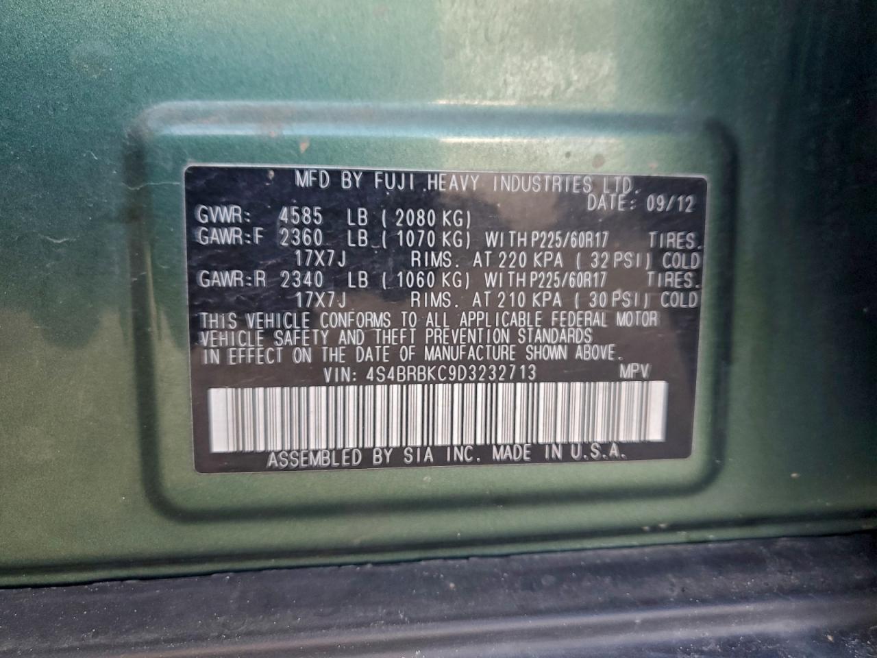 2013 Subaru Outback 2.5I Limited VIN: 4S4BRBKC9D3232713 Lot: 92755255