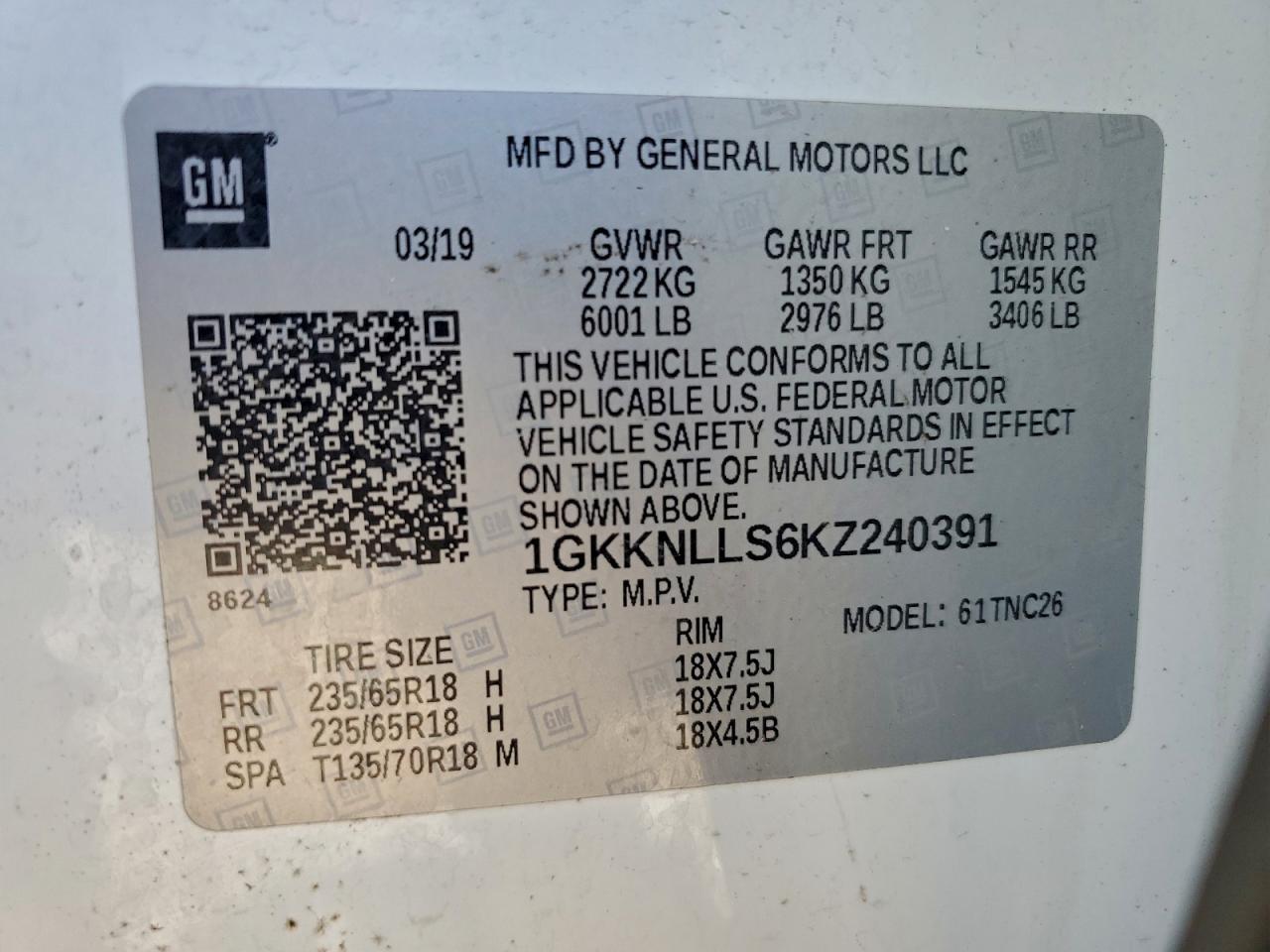 2019 GMC Acadia Sle VIN: 1GKKNLLS6KZ240391 Lot: 94136505