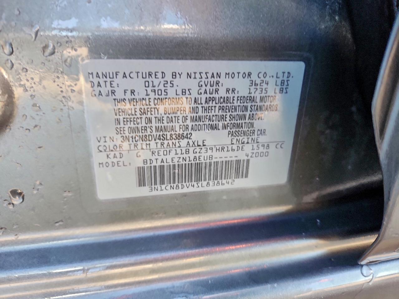 2025 Nissan Versa S VIN: 3N1CN8DV4SL838642 Lot: 93962695