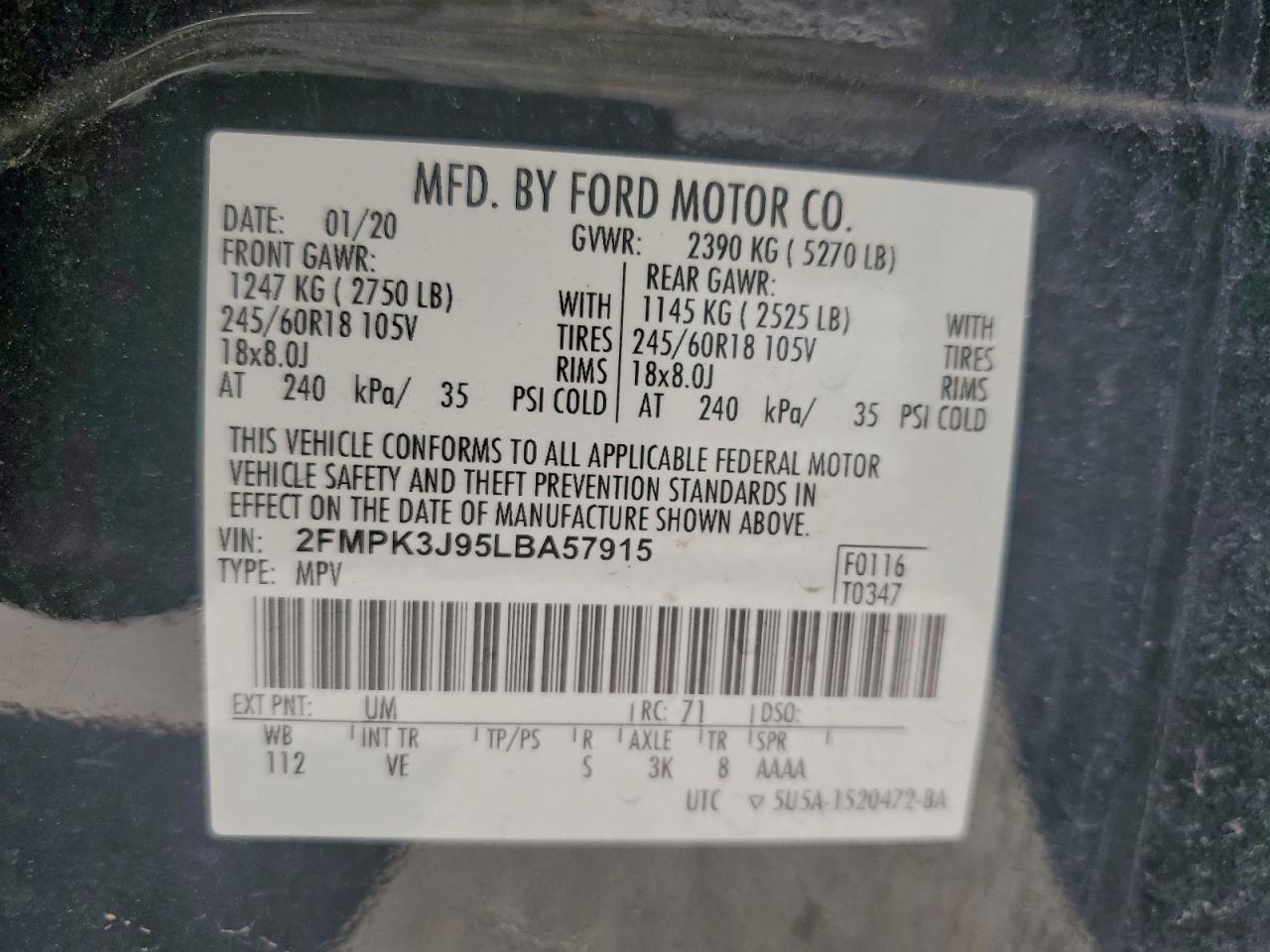 2020 Ford Edge Sel VIN: 2FMPK3J95LBA57915 Lot: 93917515