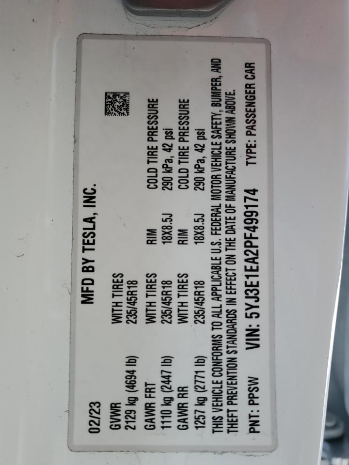 2023 Tesla Model 3 VIN: 5YJ3E1EA2PF499174 Lot: 91107025