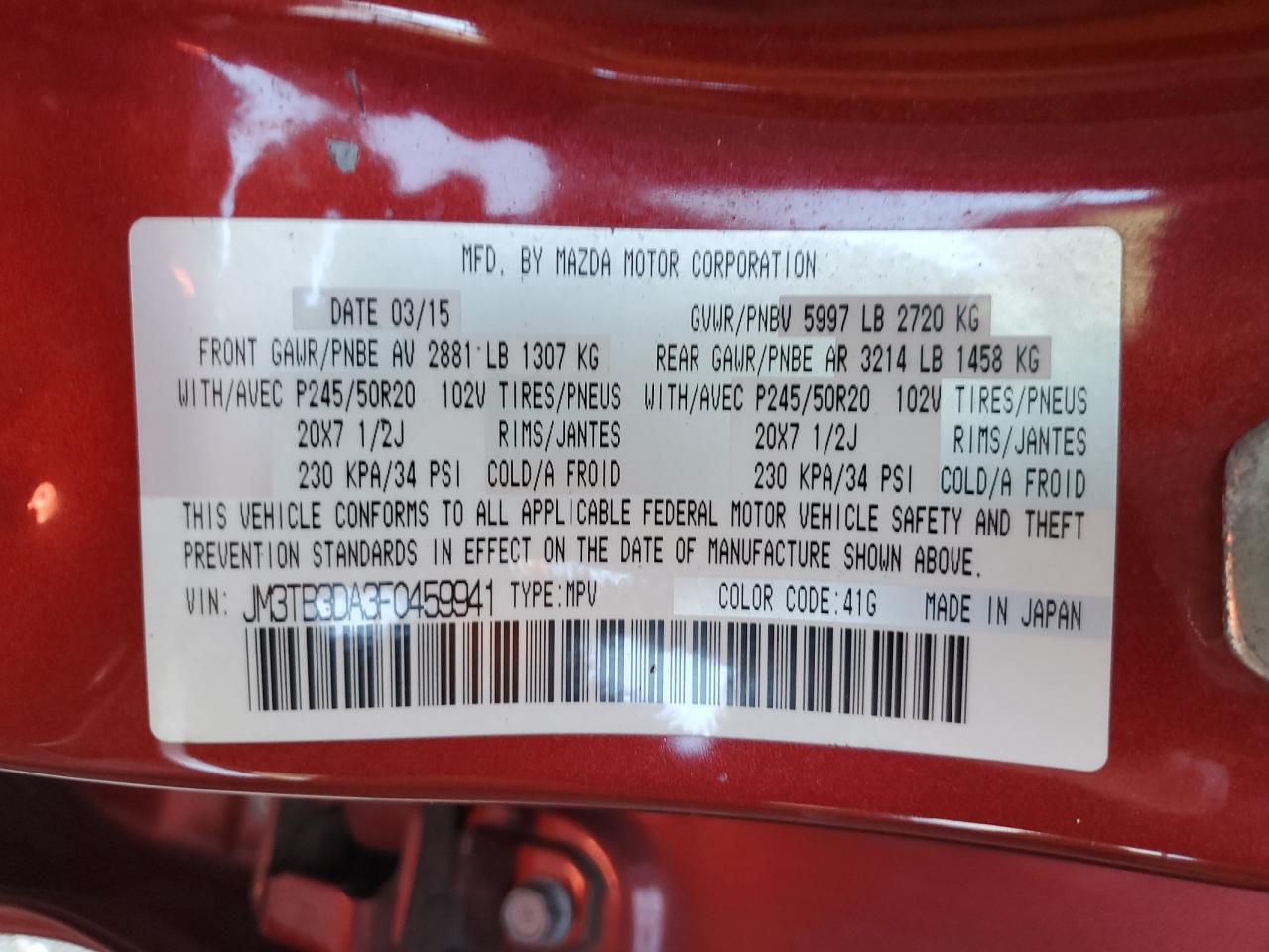 2015 Mazda Cx-9 Grand Touring VIN: JM3TB3DA3F0459941 Lot: 91087015