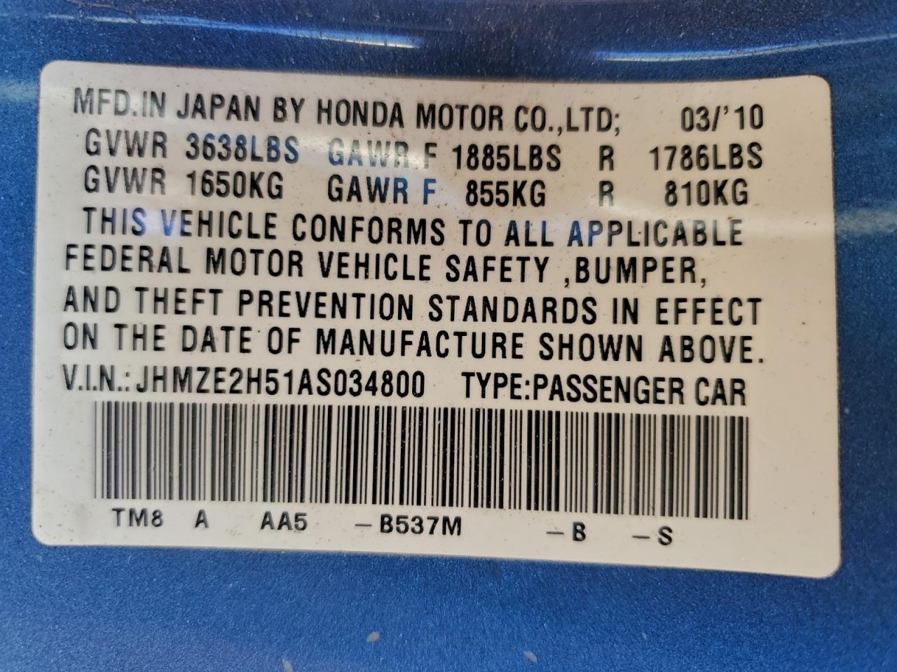 2010 Honda Insight Lx VIN: JHMZE2H51AS034800 Lot: 94441165