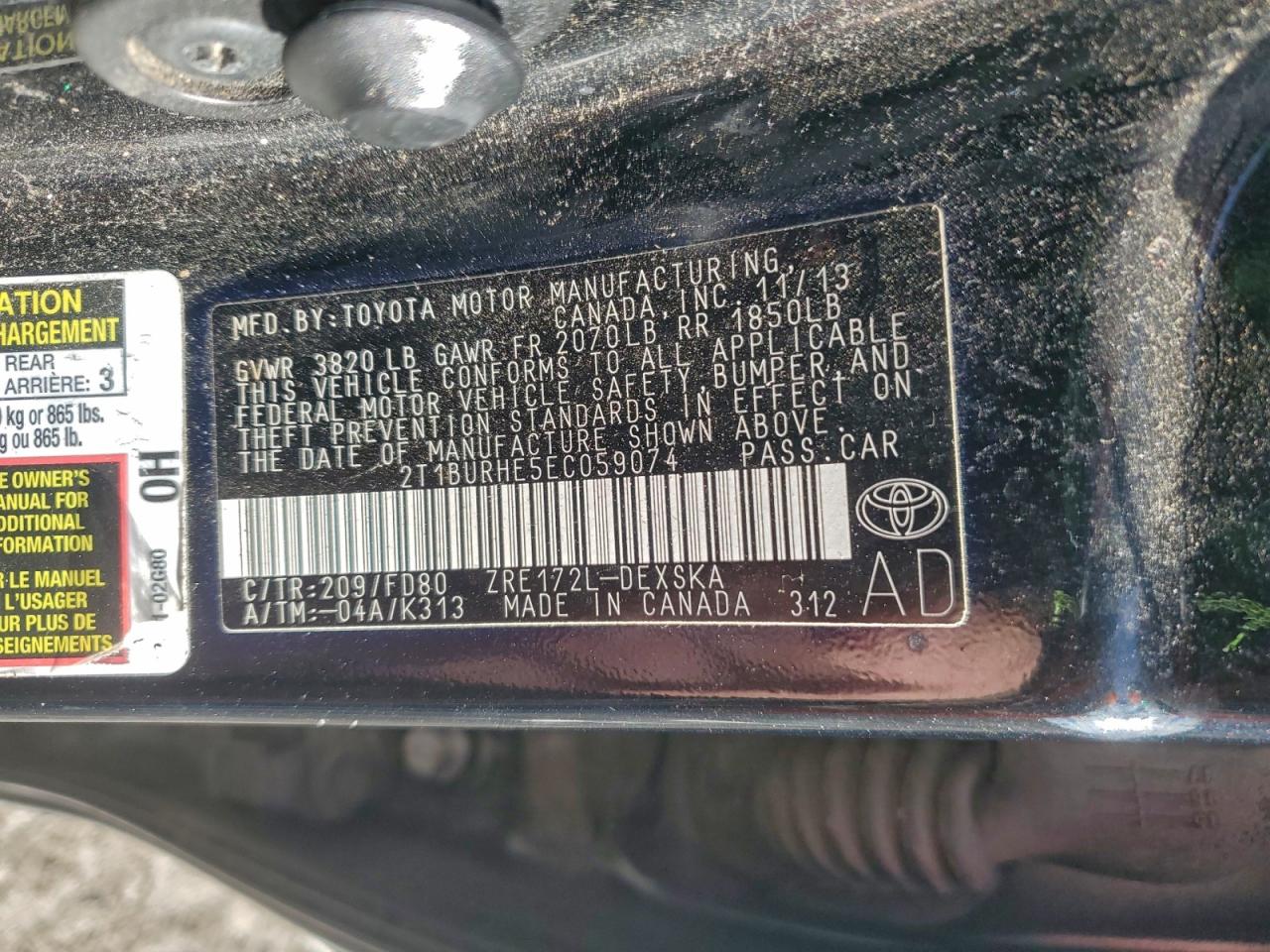 2014 Toyota Corolla L VIN: 2T1BURHE5EC059074 Lot: 94245045