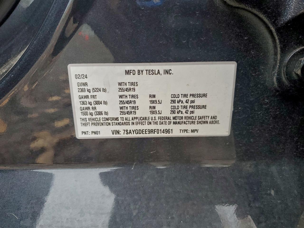 2024 Tesla Model Y VIN: 7SAYGDEE9RF014961 Lot: 93513425