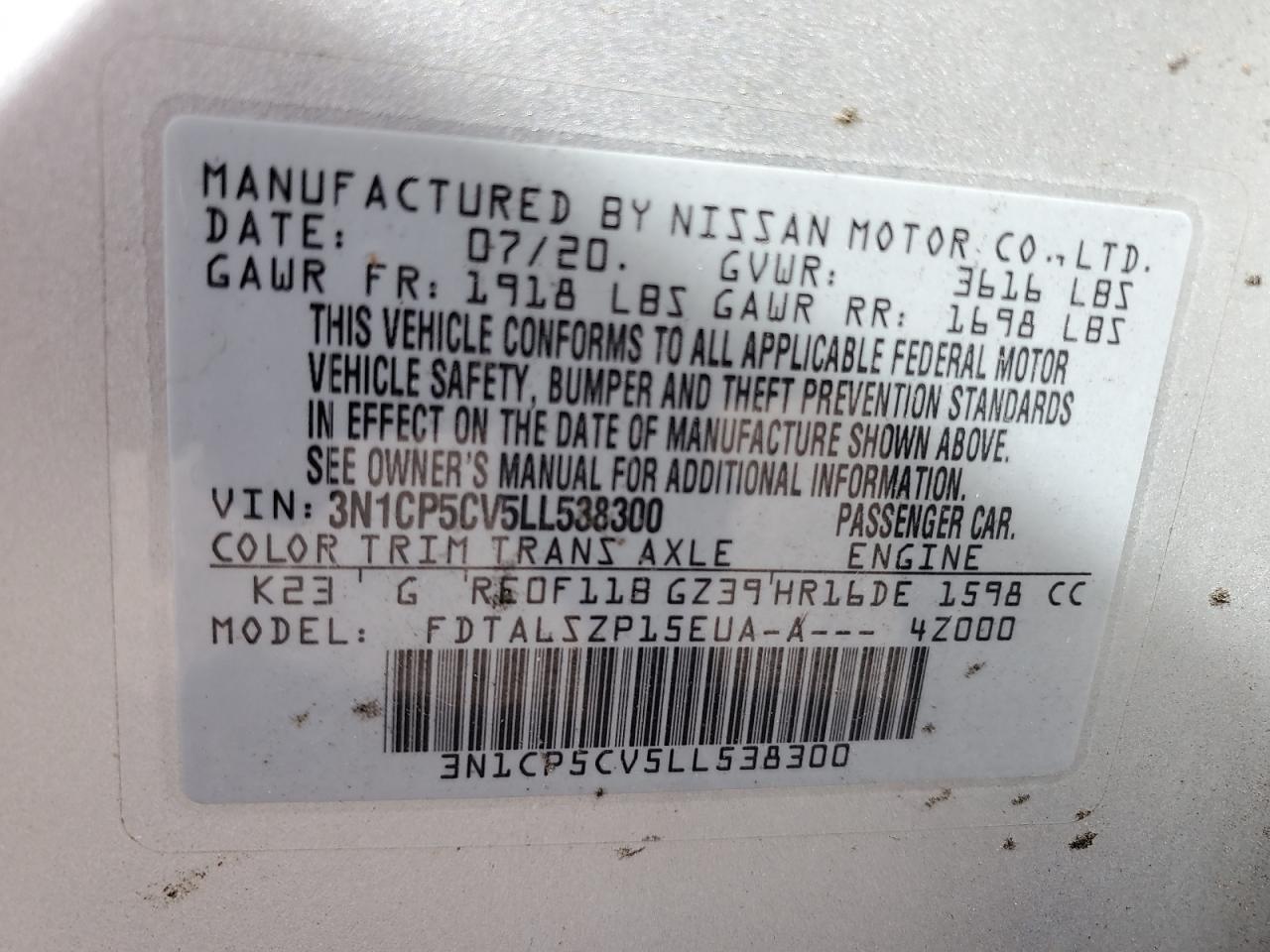 2020 Nissan Kicks Sv VIN: 3N1CP5CV5LL538300 Lot: 91985515