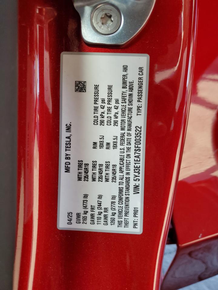 2025 Tesla Model 3 VIN: 5YJ3E1EA7SF003522 Lot: 90461485