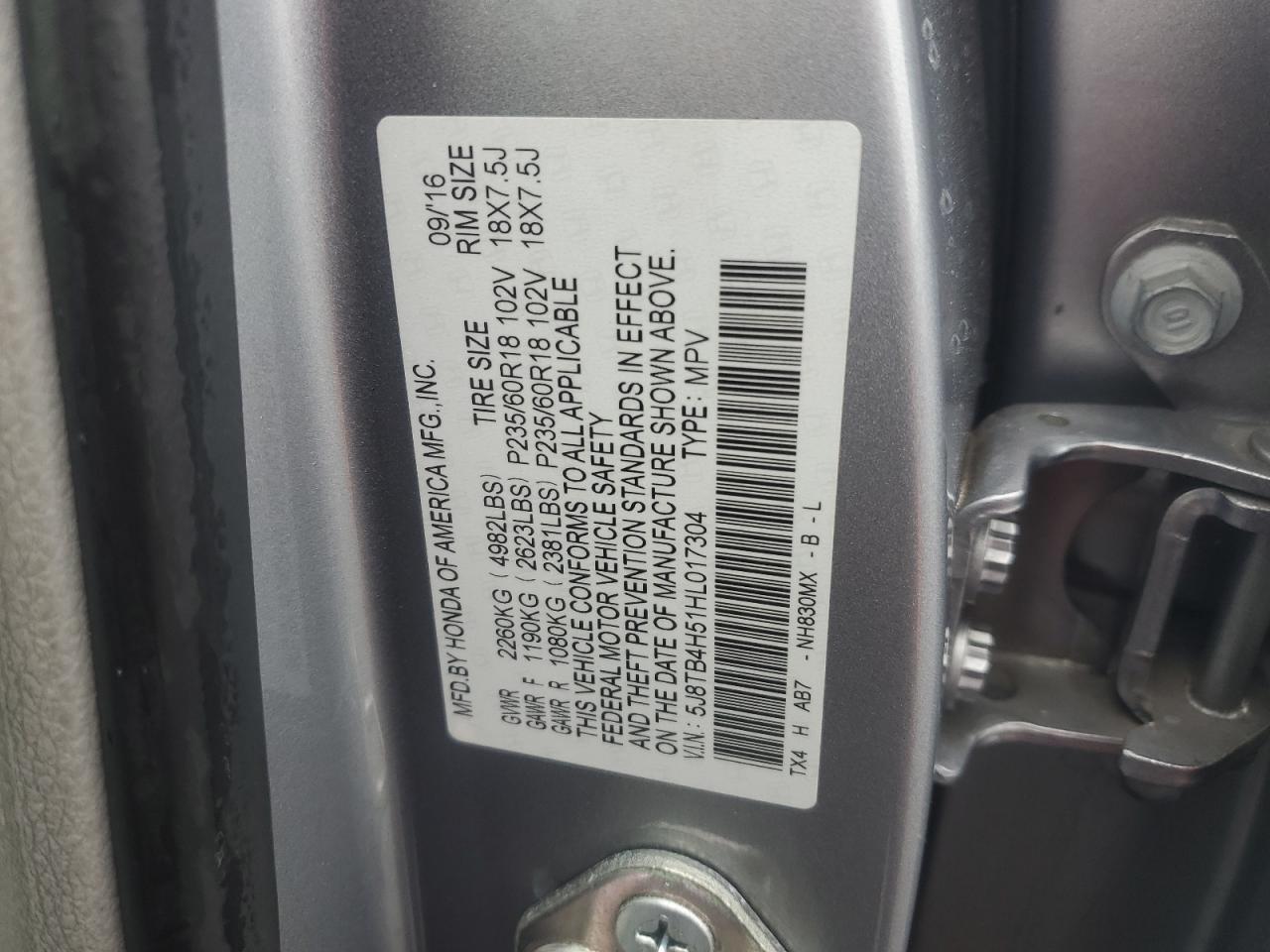 2017 Acura Rdx Technology VIN: 5J8TB4H51HL017304 Lot: 91180505