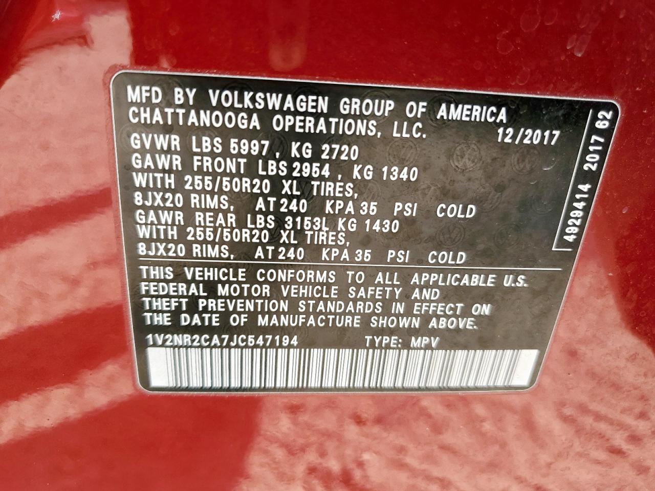 2018 Volkswagen Atlas Sel Premium VIN: 1V2NR2CA7JC547194 Lot: 91005315