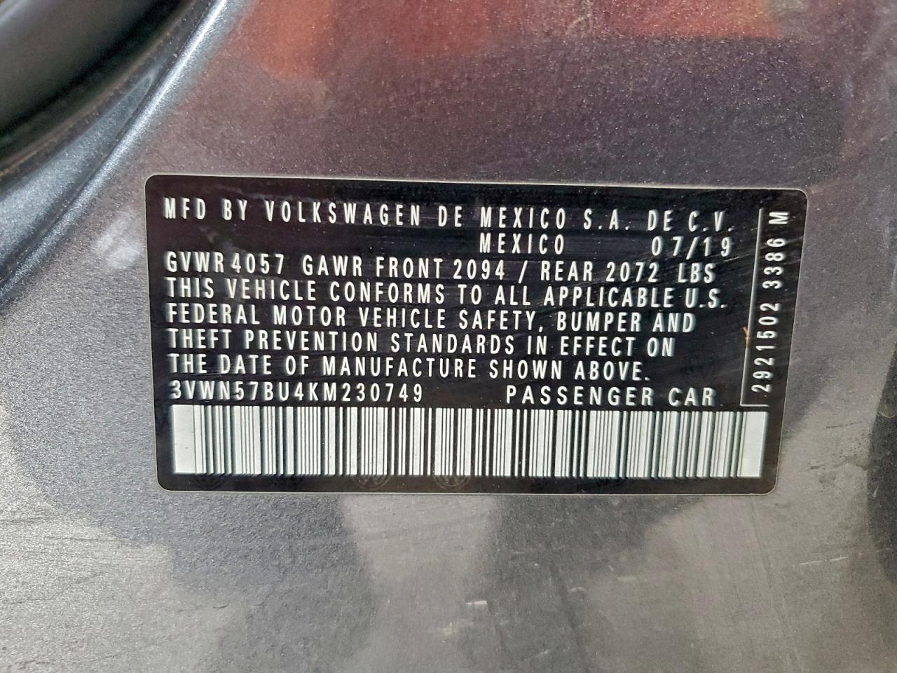 2019 Volkswagen Jetta S VIN: 3VWN57BU4KM230749 Lot: 94336225