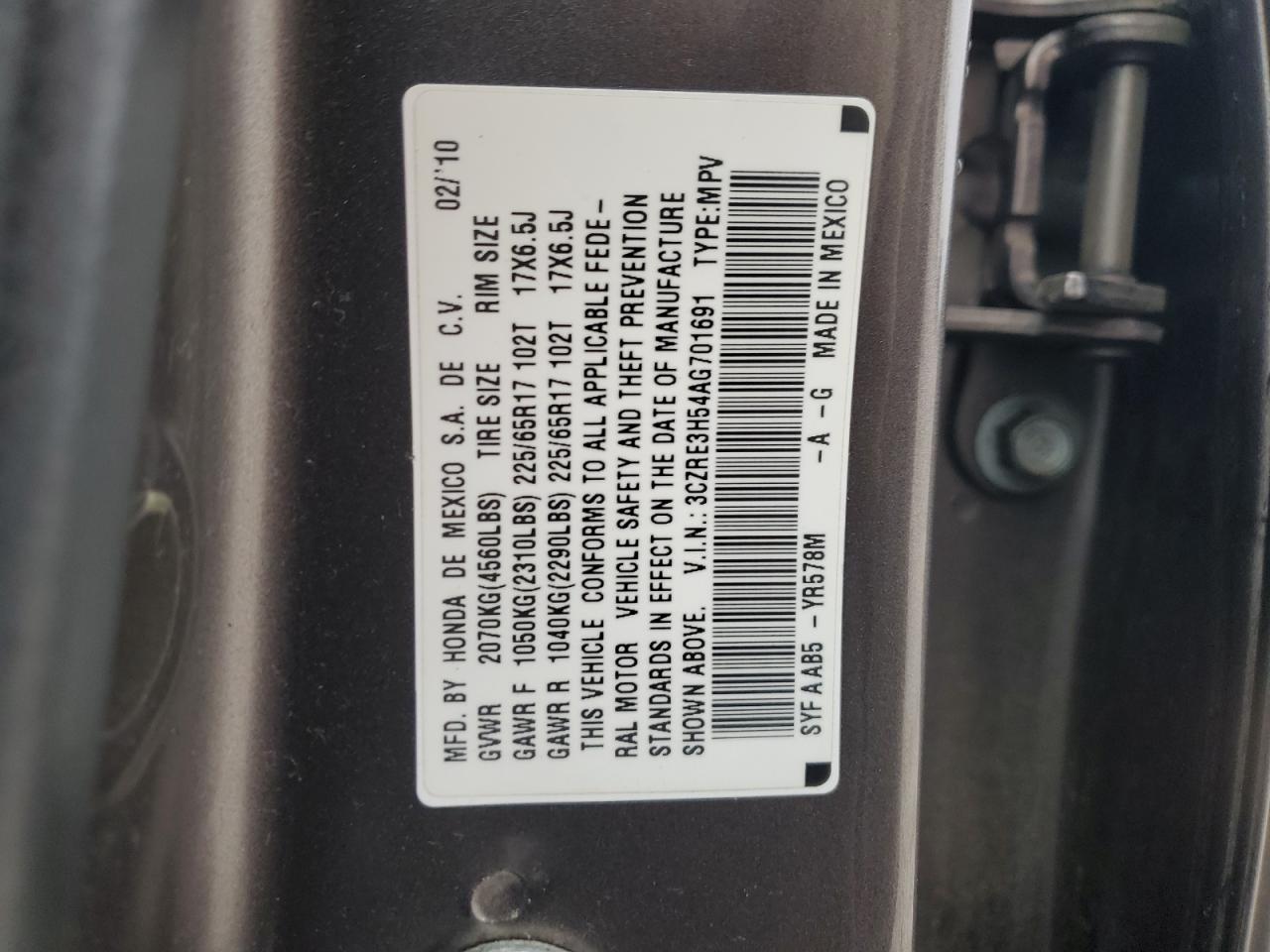 2010 Honda Cr-V Ex VIN: 3CZRE3H54AG701691 Lot: 90811105