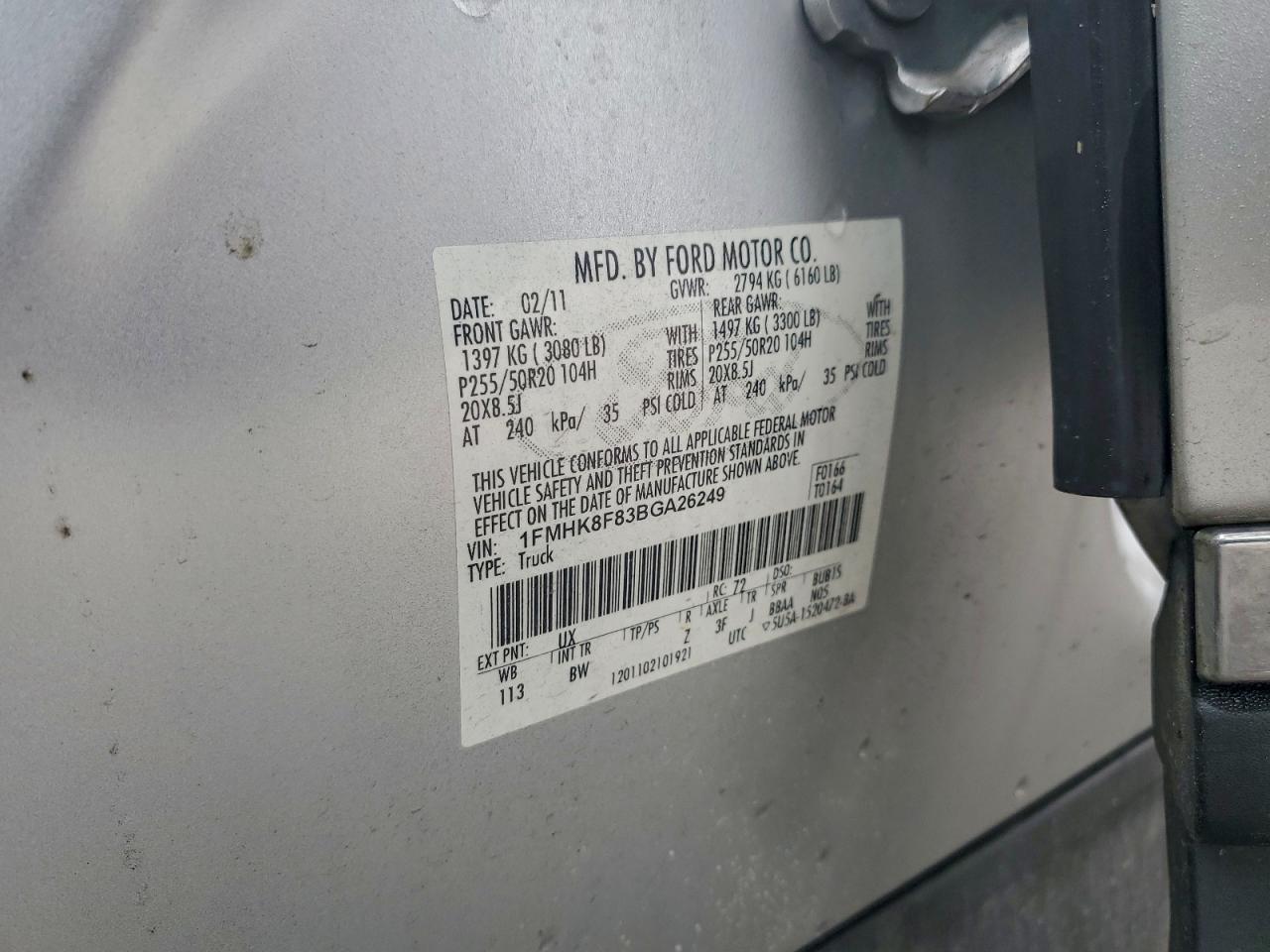 2011 Ford Explorer Limited VIN: 1FMHK8F83BGA26249 Lot: 93950775