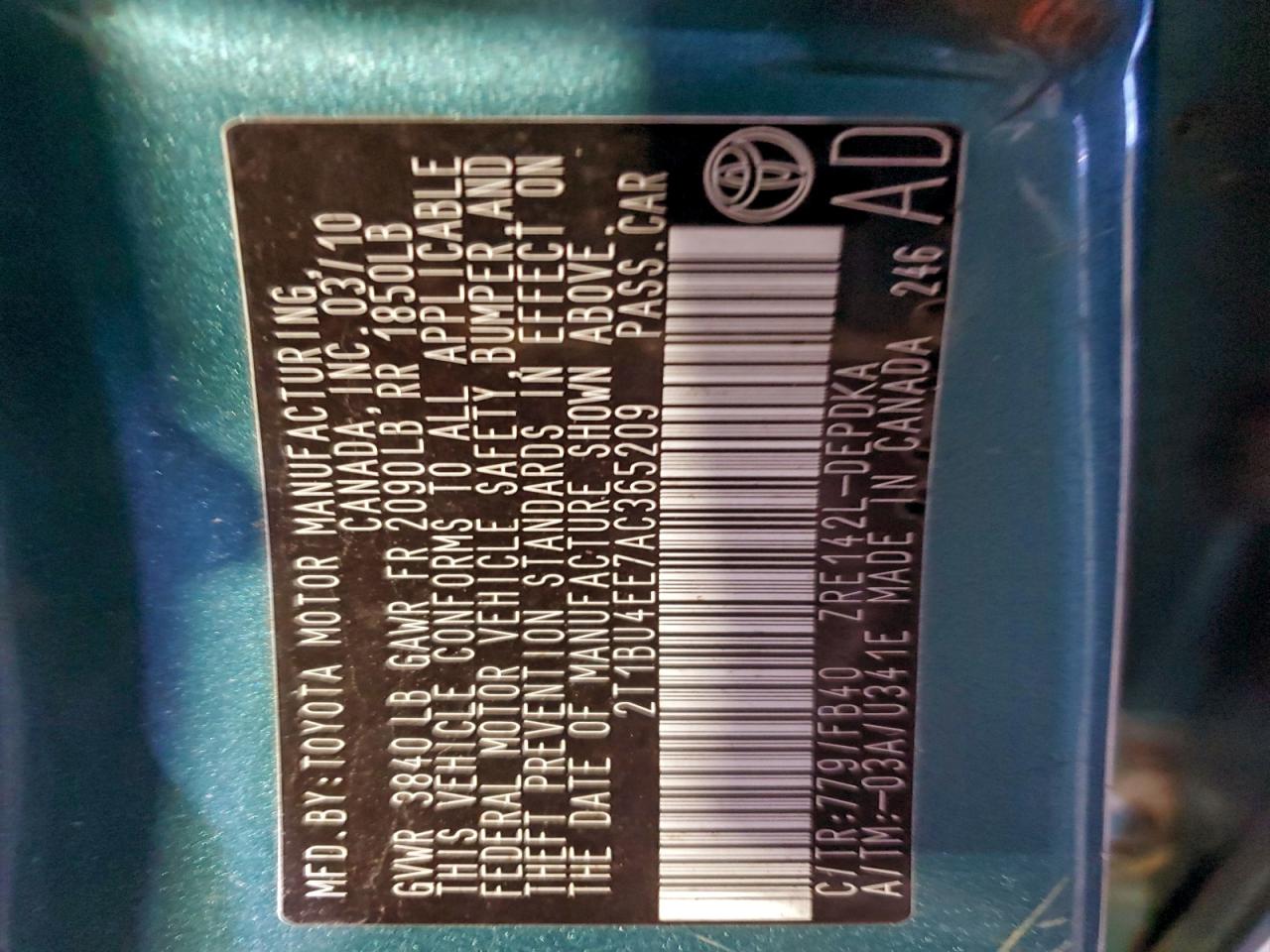 2010 Toyota Corolla Base VIN: 2T1BU4EE7AC365209 Lot: 94435355