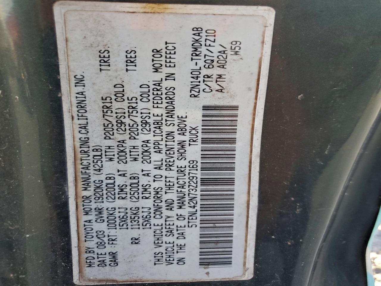 2003 Toyota Tacoma VIN: 5TENL42N73Z297169 Lot: 94309465