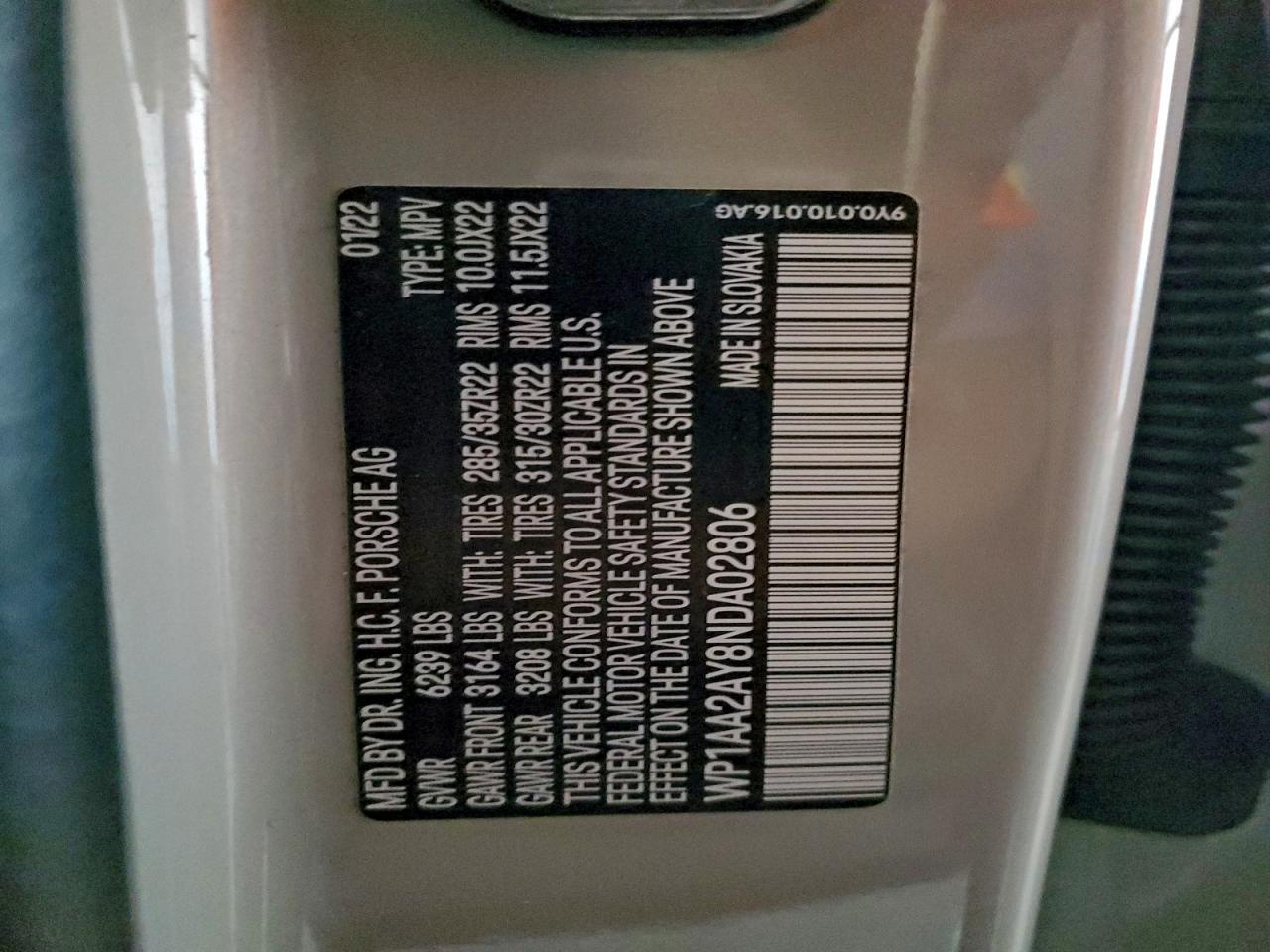 2022 Porsche Cayenne VIN: WP1AA2AY8NDA02806 Lot: 94081185