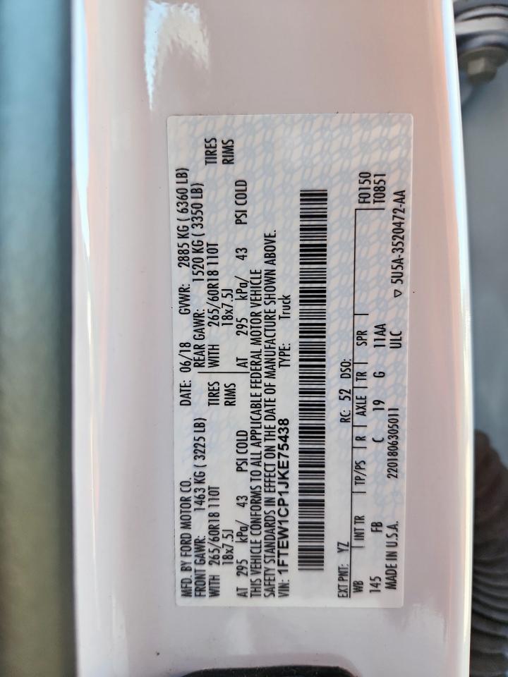 2018 Ford F150 Supercrew VIN: 1FTEW1CP1JKE75438 Lot: 91068315