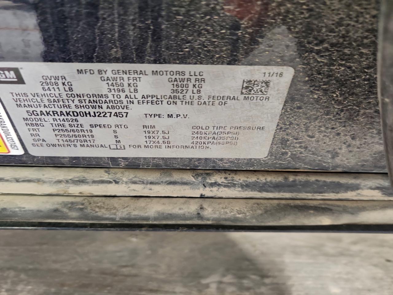 2017 Buick Enclave VIN: 5GAKRAKD0HJ227457 Lot: 93110685