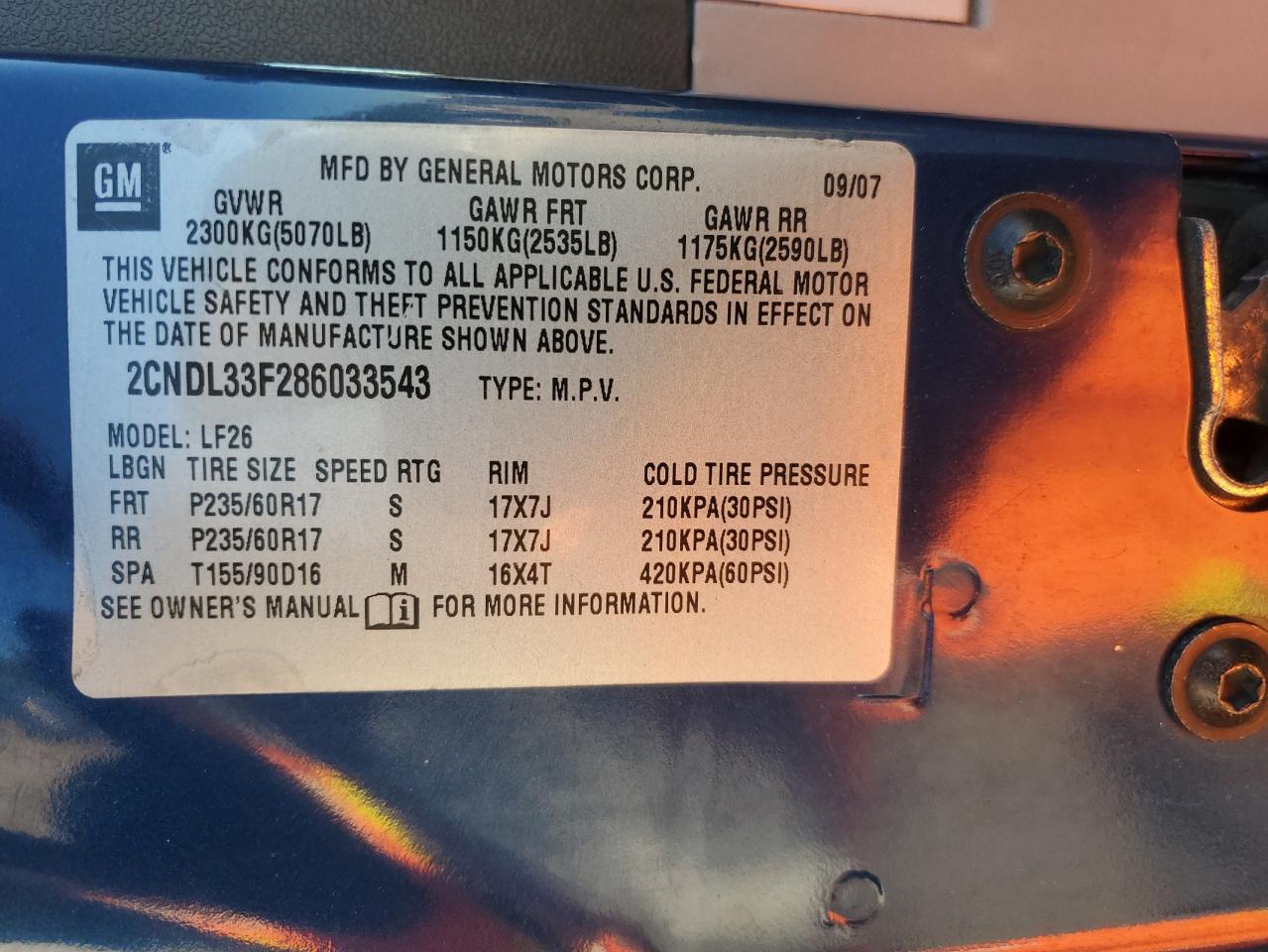 2008 Chevrolet Equinox Lt VIN: 2CNDL33F286033543 Lot: 90881135