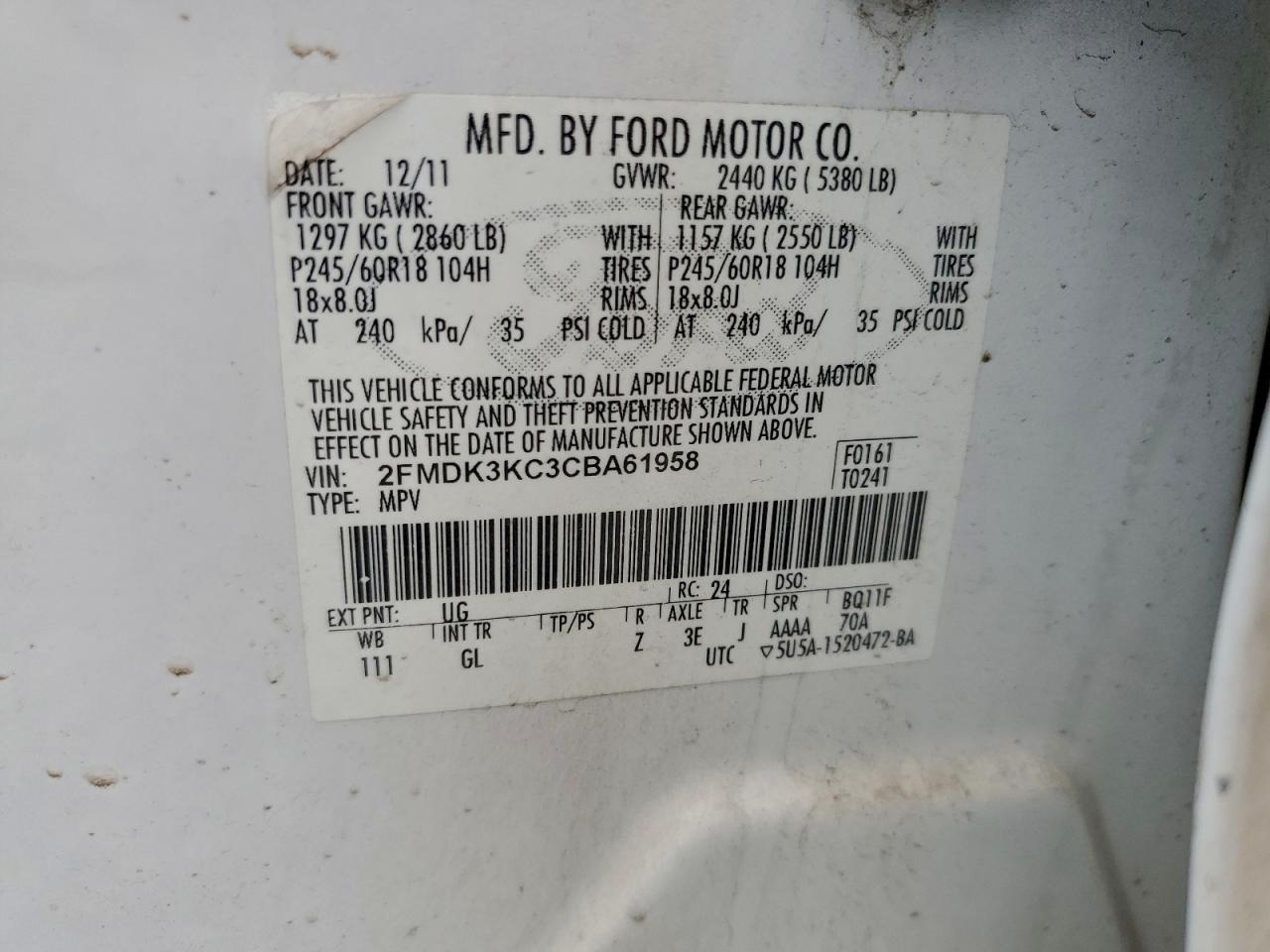 2012 Ford Edge Limited VIN: 2FMDK3KC3CBA61958 Lot: 93934475