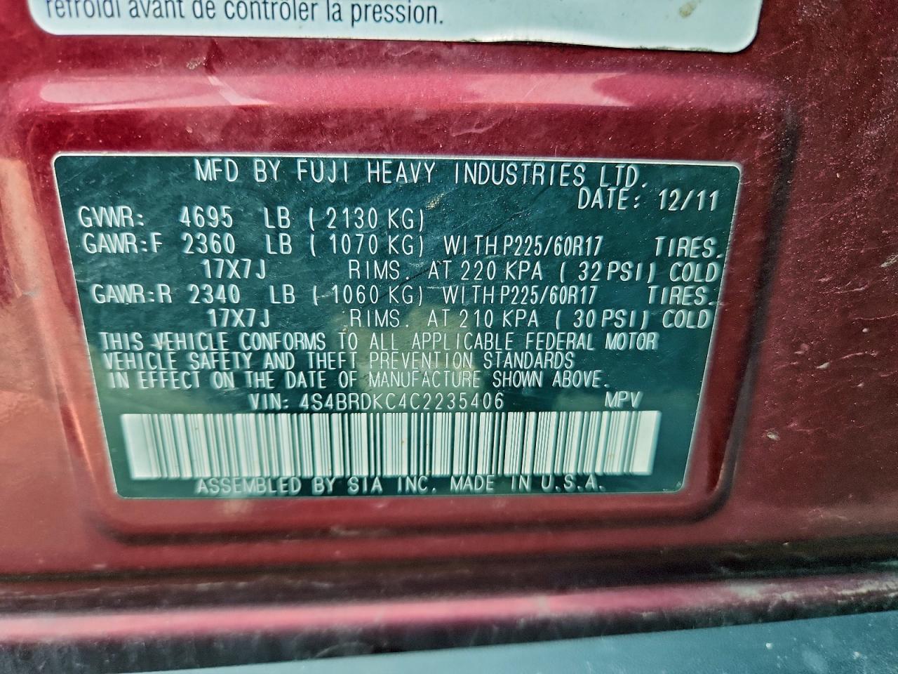 2012 Subaru Outback 3.6R Limited VIN: 4S4BRDKC4C2235406 Lot: 94548915