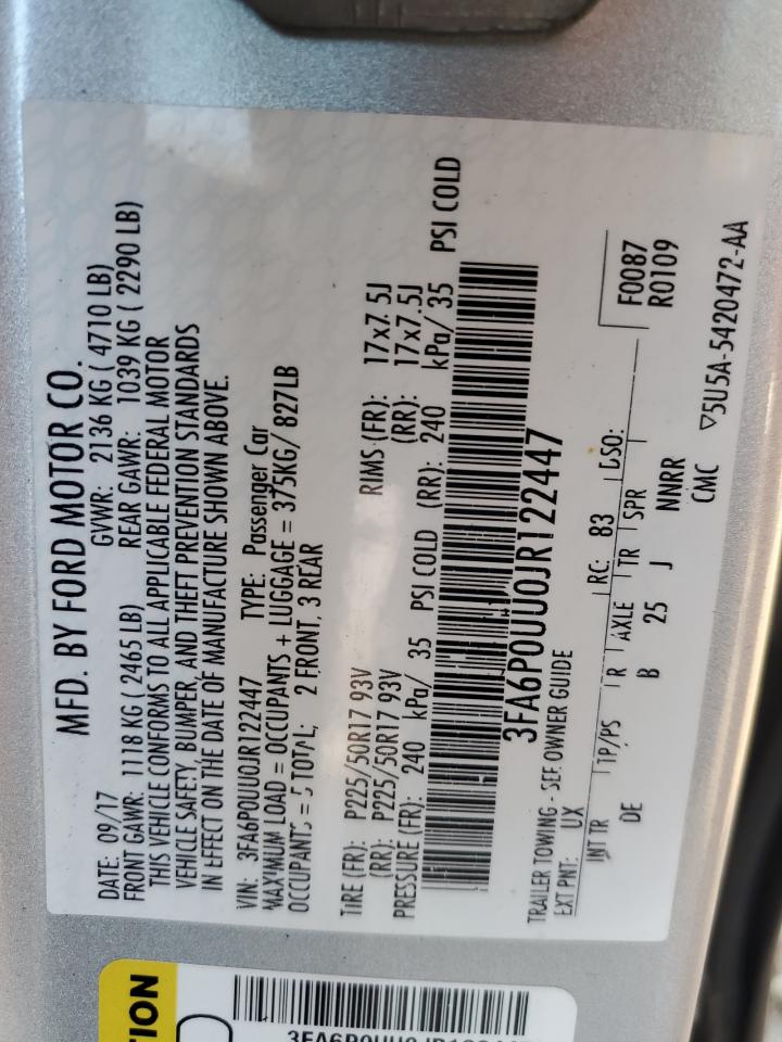 2018 Ford Fusion S Hybrid VIN: 3FA6P0UU0JR122447 Lot: 91210365