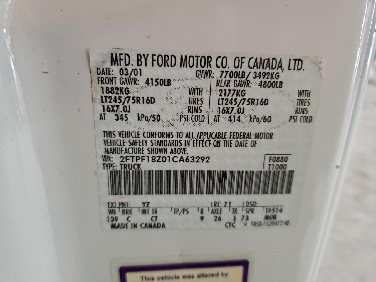 2001 Ford F150 VIN: 2FTPF18Z01CA63292 Lot: 93901525