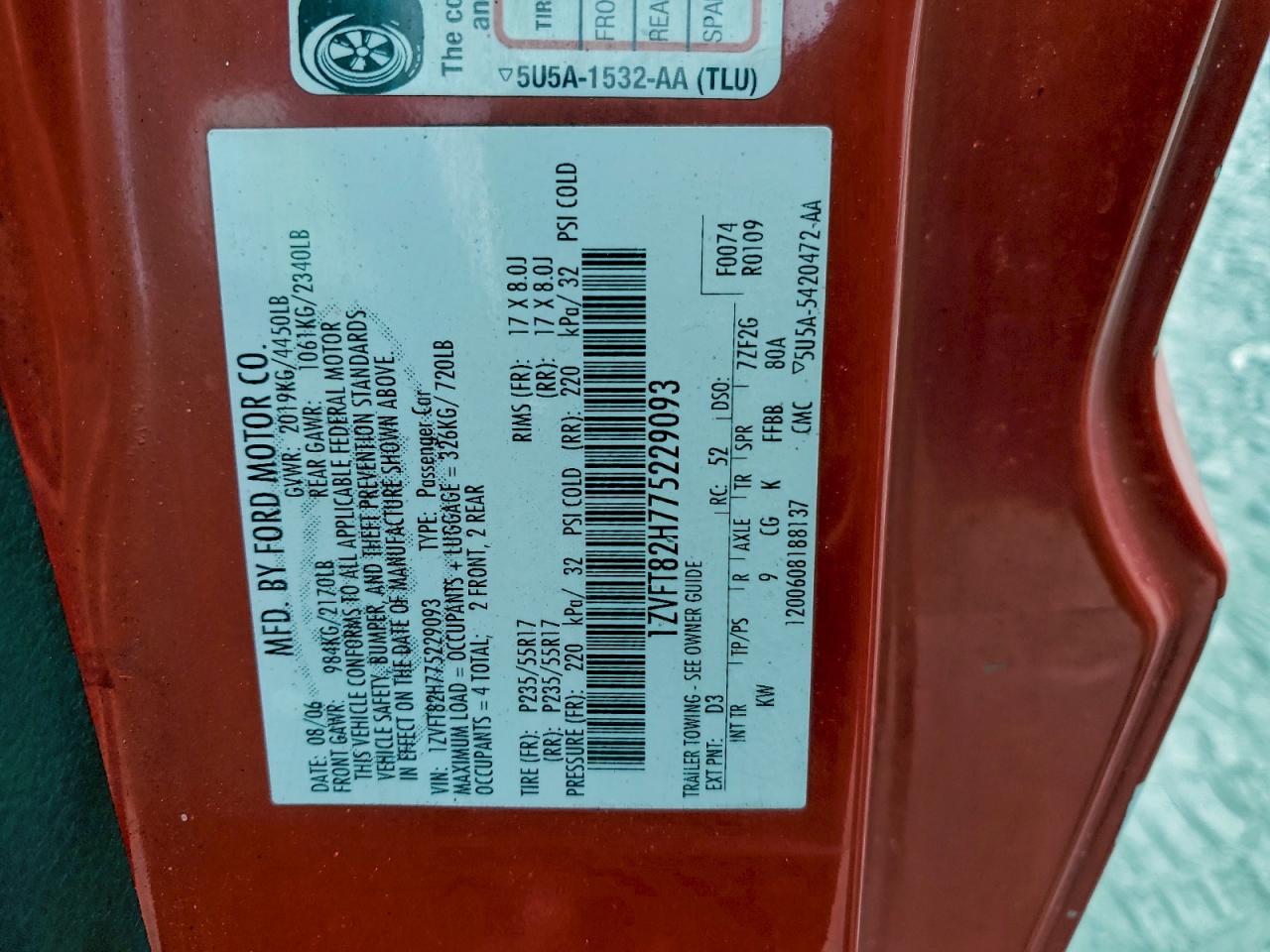 2007 Ford Mustang Gt VIN: 1ZVFT82H775229093 Lot: 94149215