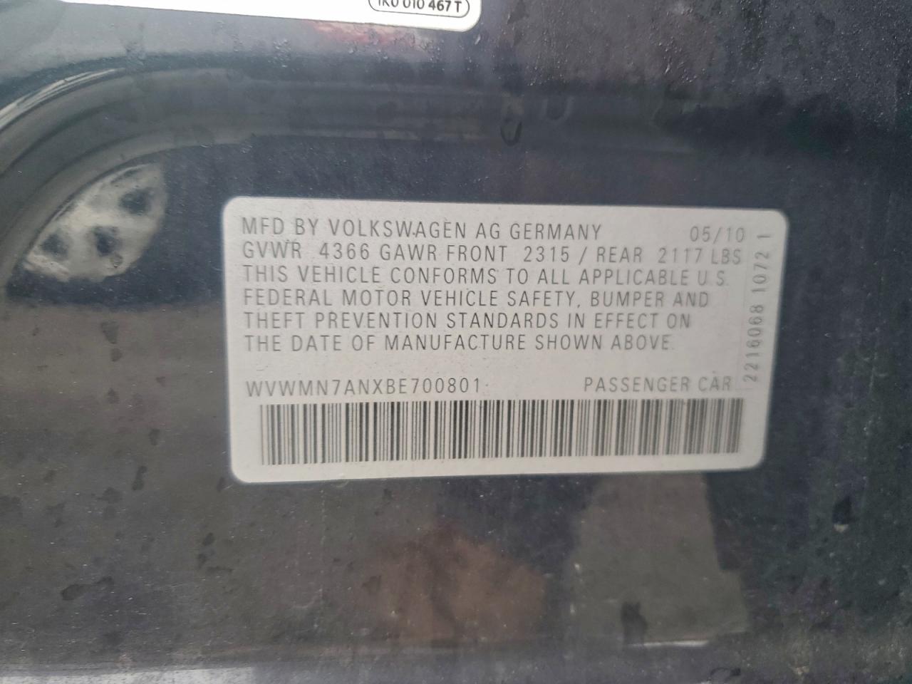 2011 Volkswagen Cc Sport VIN: WVWMN7ANXBE700801 Lot: 94528565