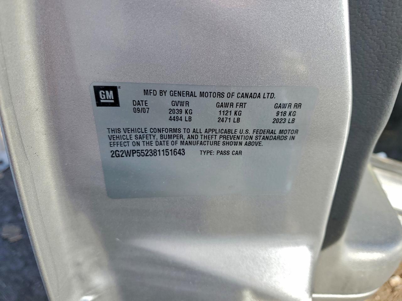 2008 Pontiac Grand Prix VIN: 2G2WP552381151643 Lot: 93648685