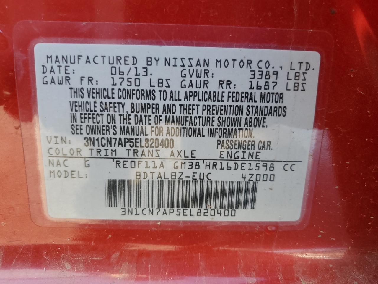 2014 Nissan Versa S VIN: 3N1CN7AP5EL820400 Lot: 93295645