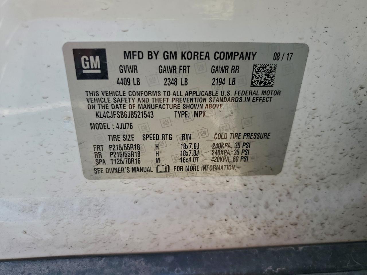 2018 Buick Encore Preferred Ii VIN: KL4CJFSB6JB521543 Lot: 93992765