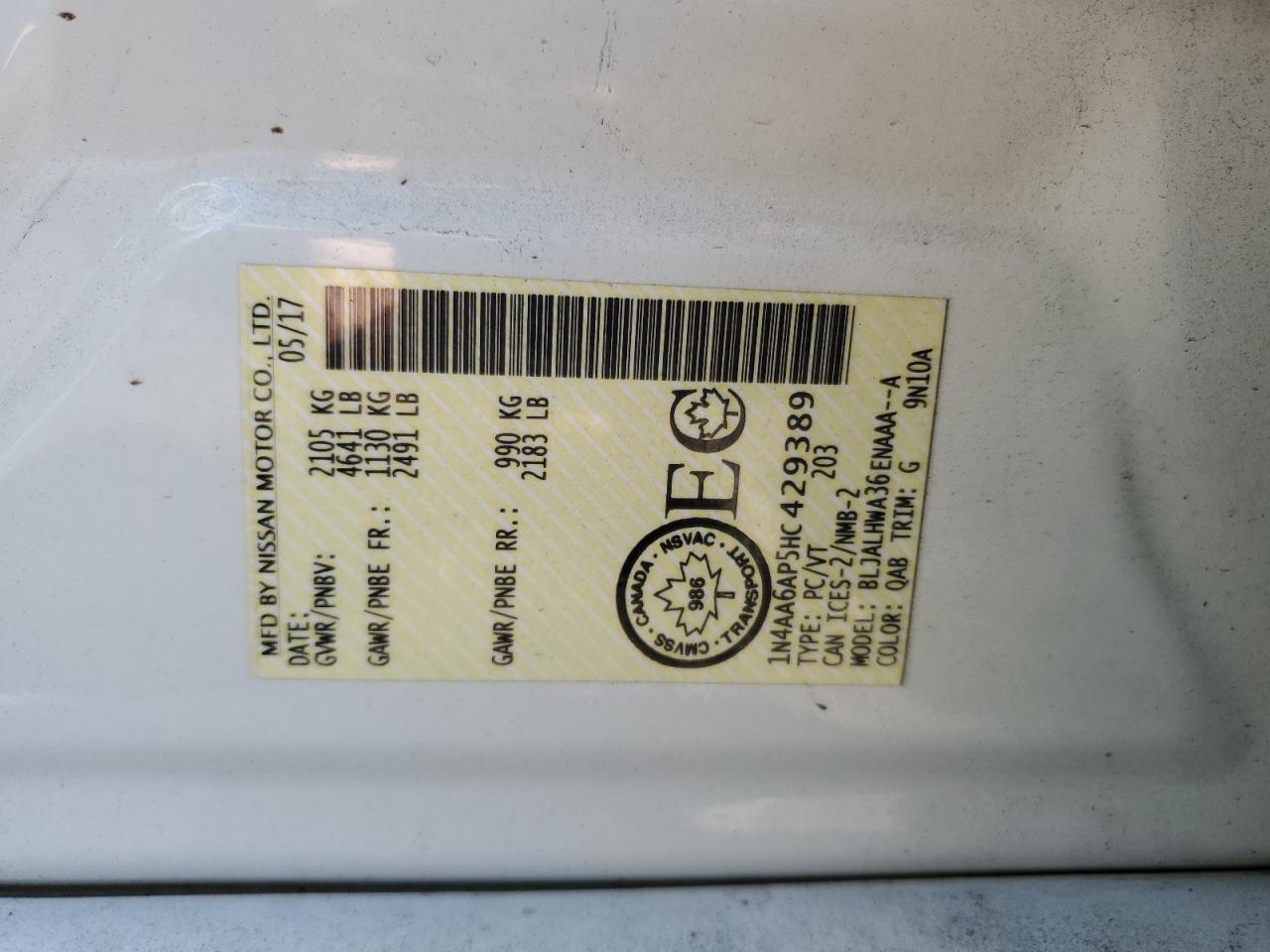 2017 Nissan Maxima 3.5S VIN: 1N4AA6AP5HC429389 Lot: 93032585