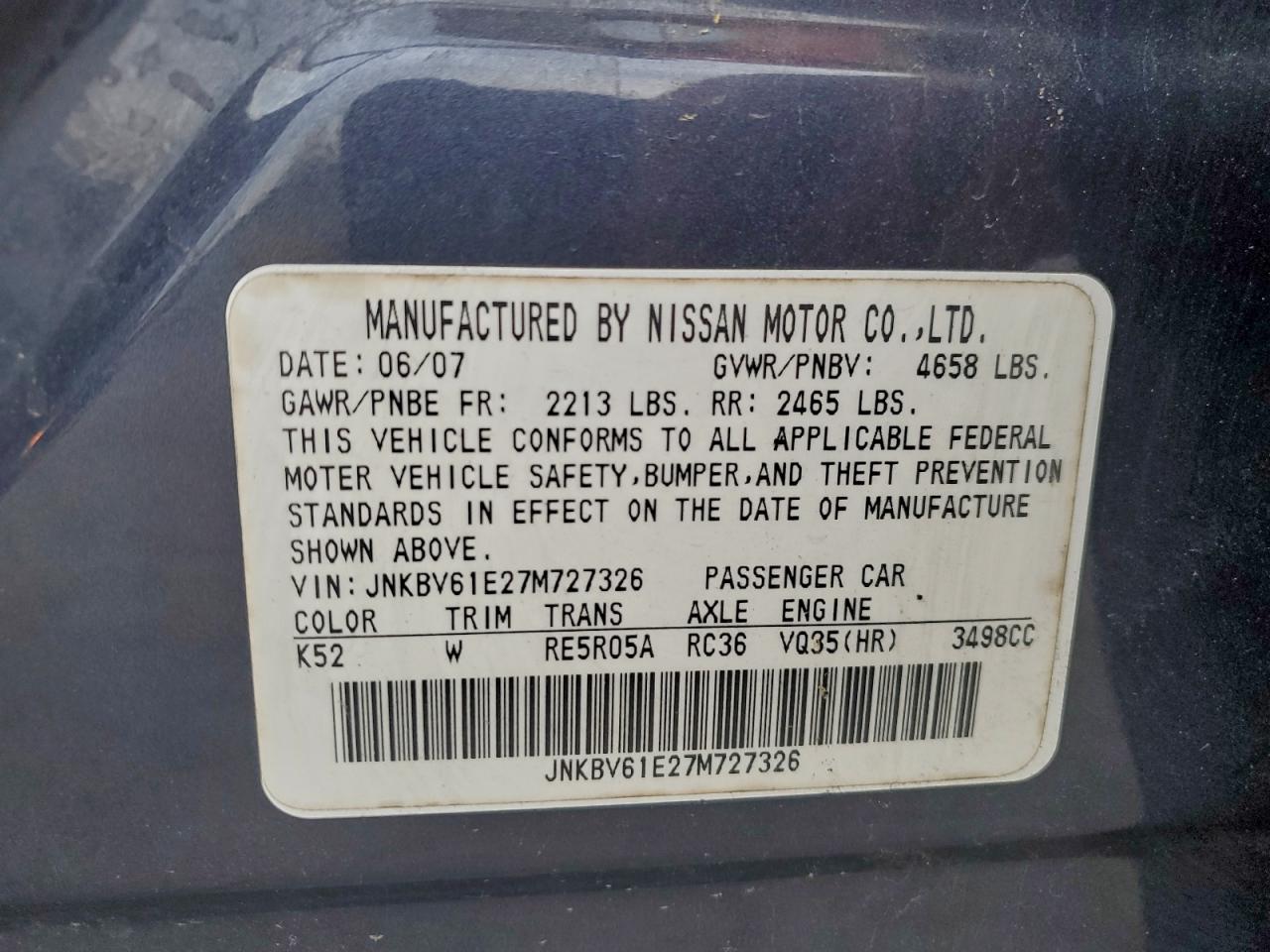 2007 Infiniti G35 VIN: JNKBV61E27M727326 Lot: 94343135