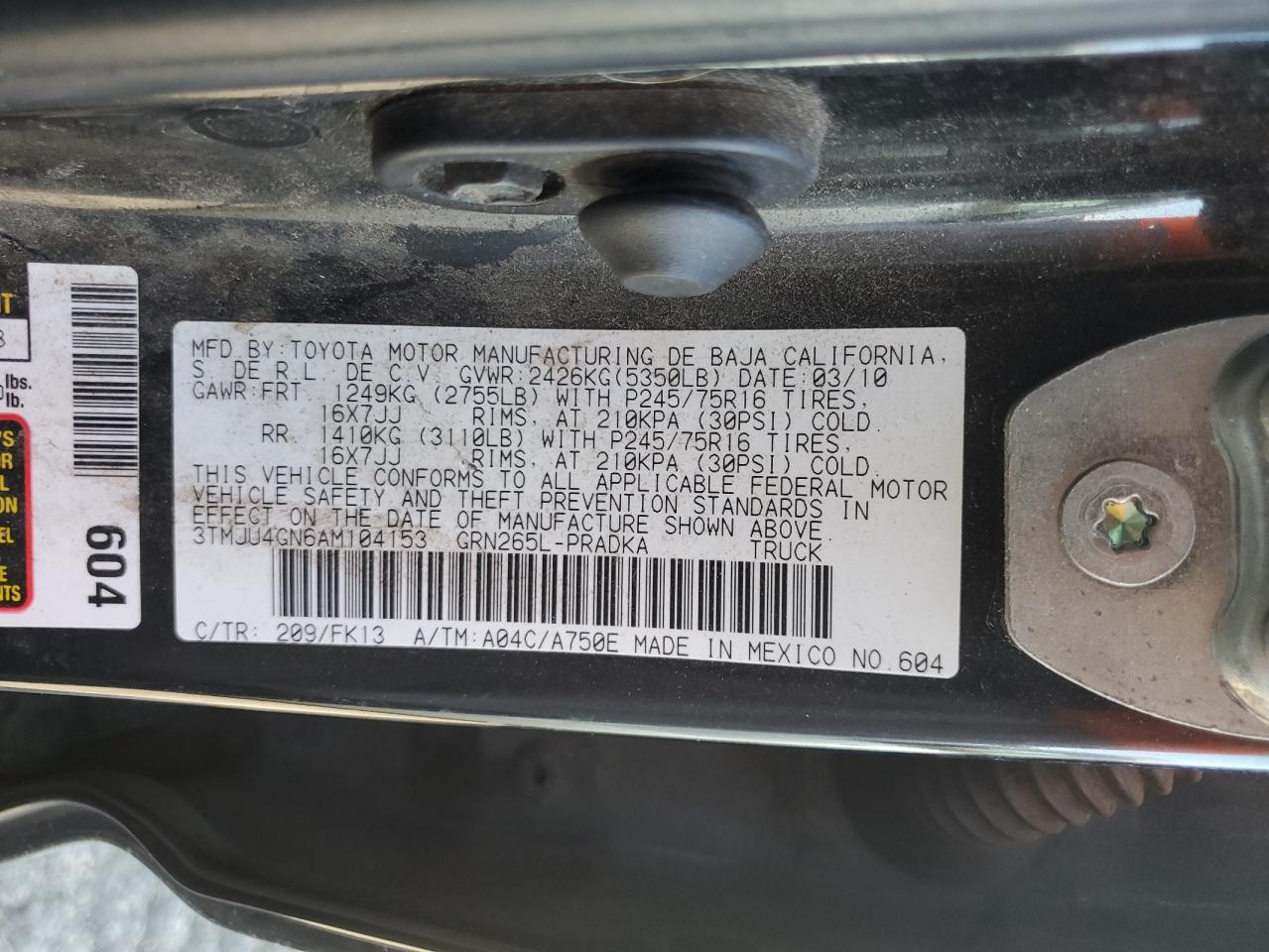 2010 Toyota Tacoma Double Cab Prerunner VIN: 3TMJU4GN6AM104153 Lot: 92229065
