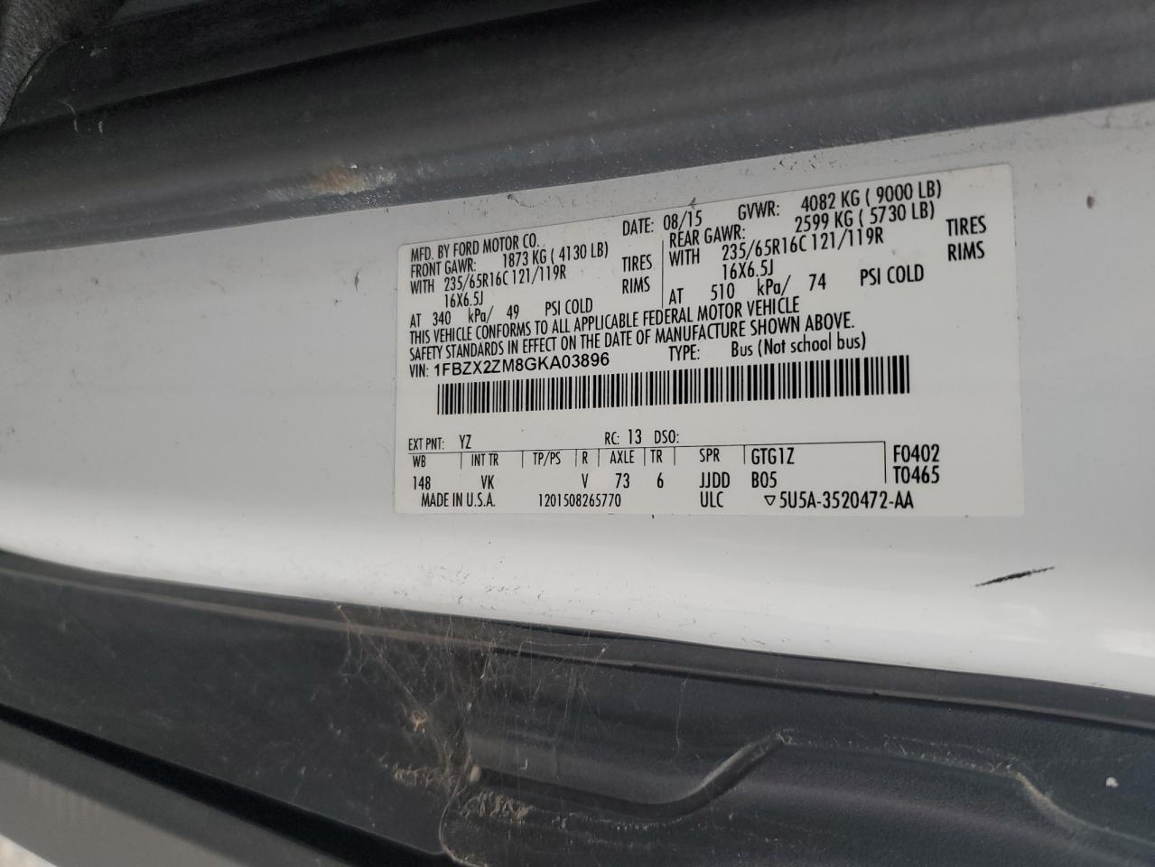 2016 Ford Transit T-350 VIN: 1FBZX2ZM8GKA03896 Lot: 92658735