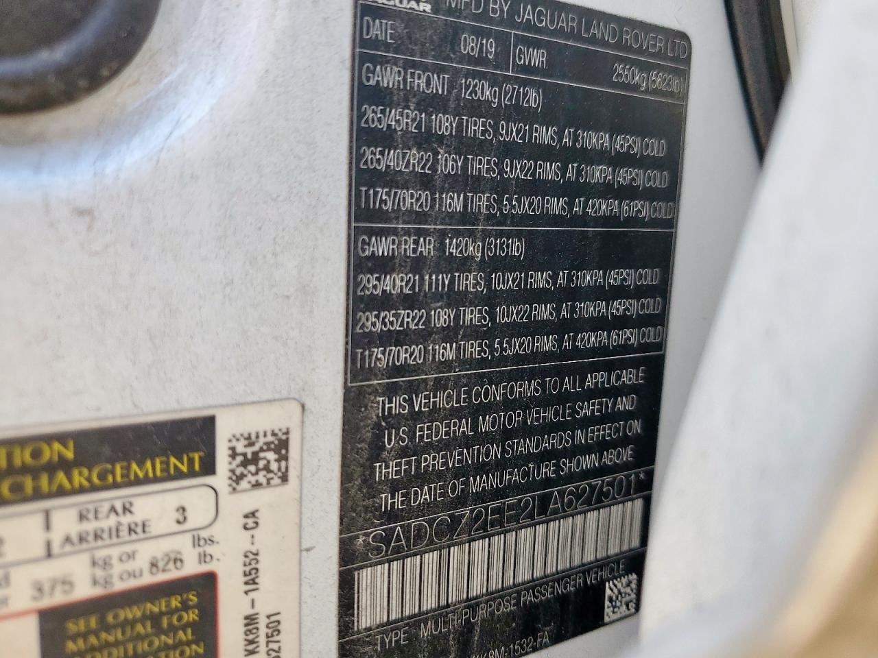 2020 Jaguar F-Pace Svr VIN: SADCZ2EE2LA627501 Lot: 90622465