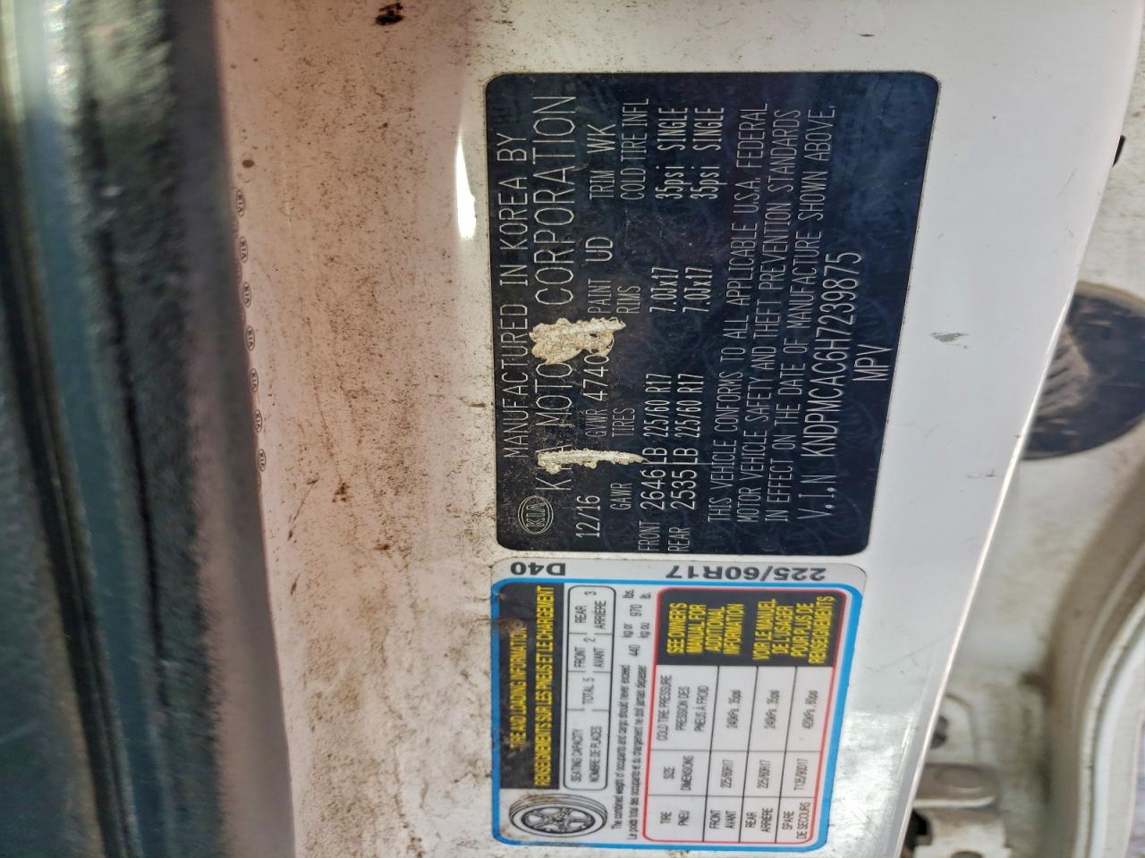 2017 Kia Sportage Lx VIN: KNDPMCAC6H7239875 Lot: 93756805