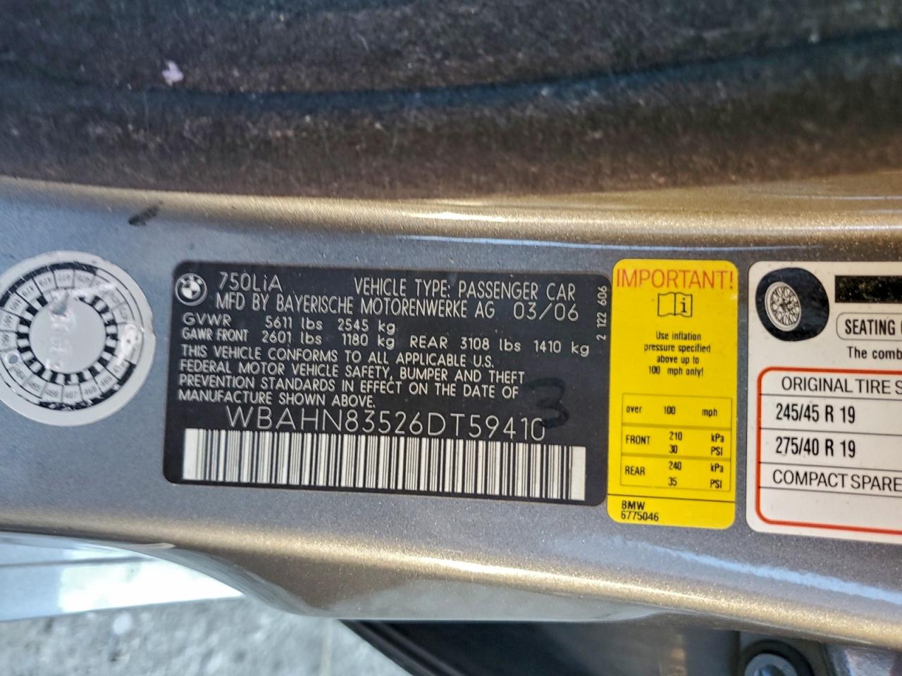 2006 BMW 750 Li VIN: WBAHN83526DT59410 Lot: 94109685