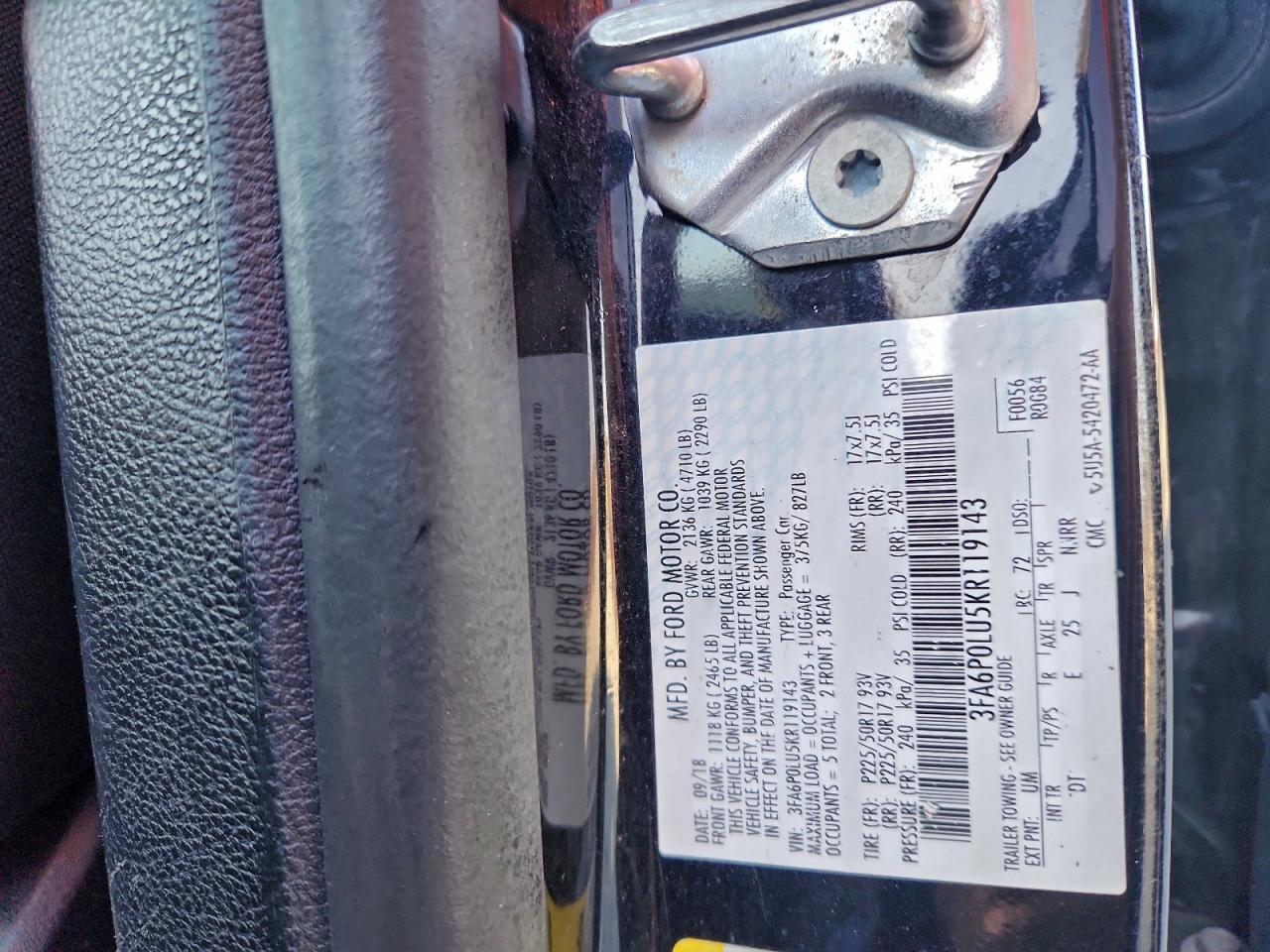 2019 Ford Fusion Se VIN: 3FA6P0LU5KR119143 Lot: 94133485