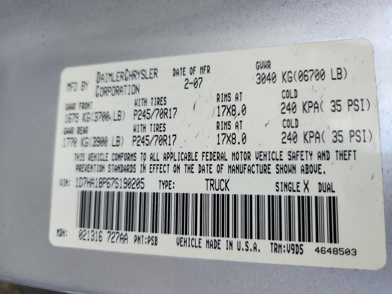 2007 Dodge Ram 1500 St VIN: 1D7HA18P67S190205 Lot: 90625875