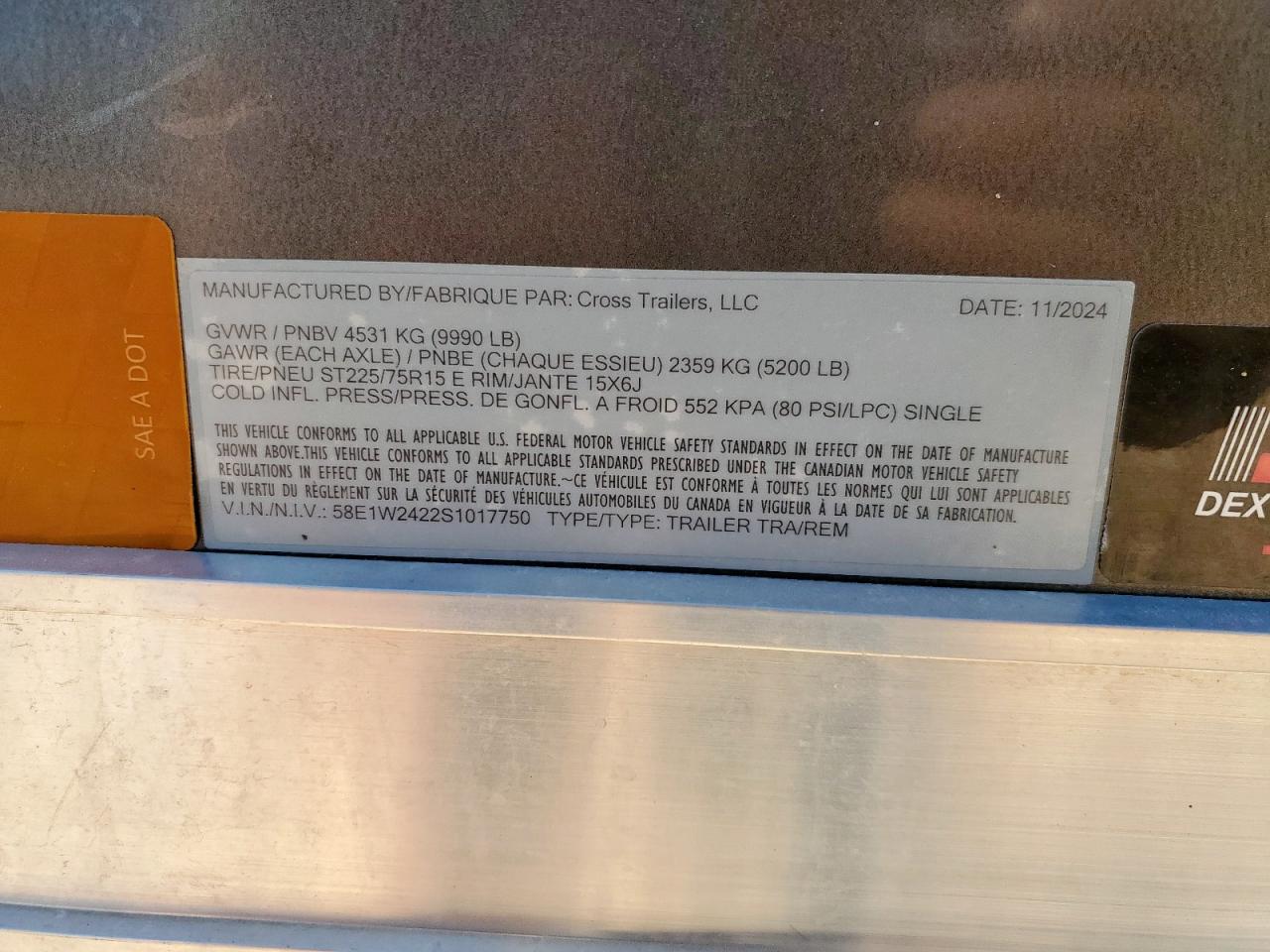 2025 Cross Enclosed Cargo Trailer VIN: 58E1W2422S1017750 Lot: 92584515
