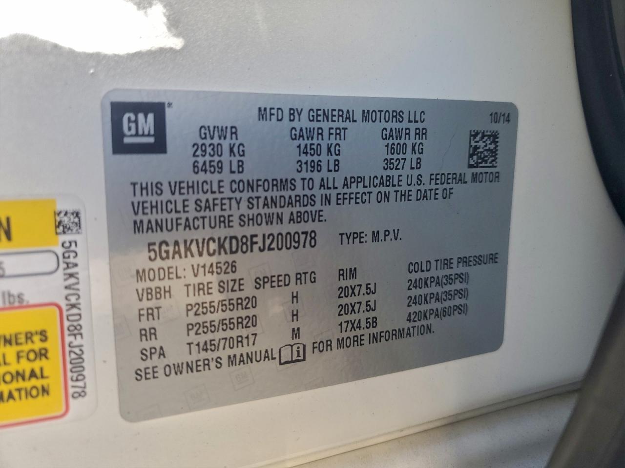 2015 Buick Enclave VIN: 5GAKVCKD8FJ200978 Lot: 94121445